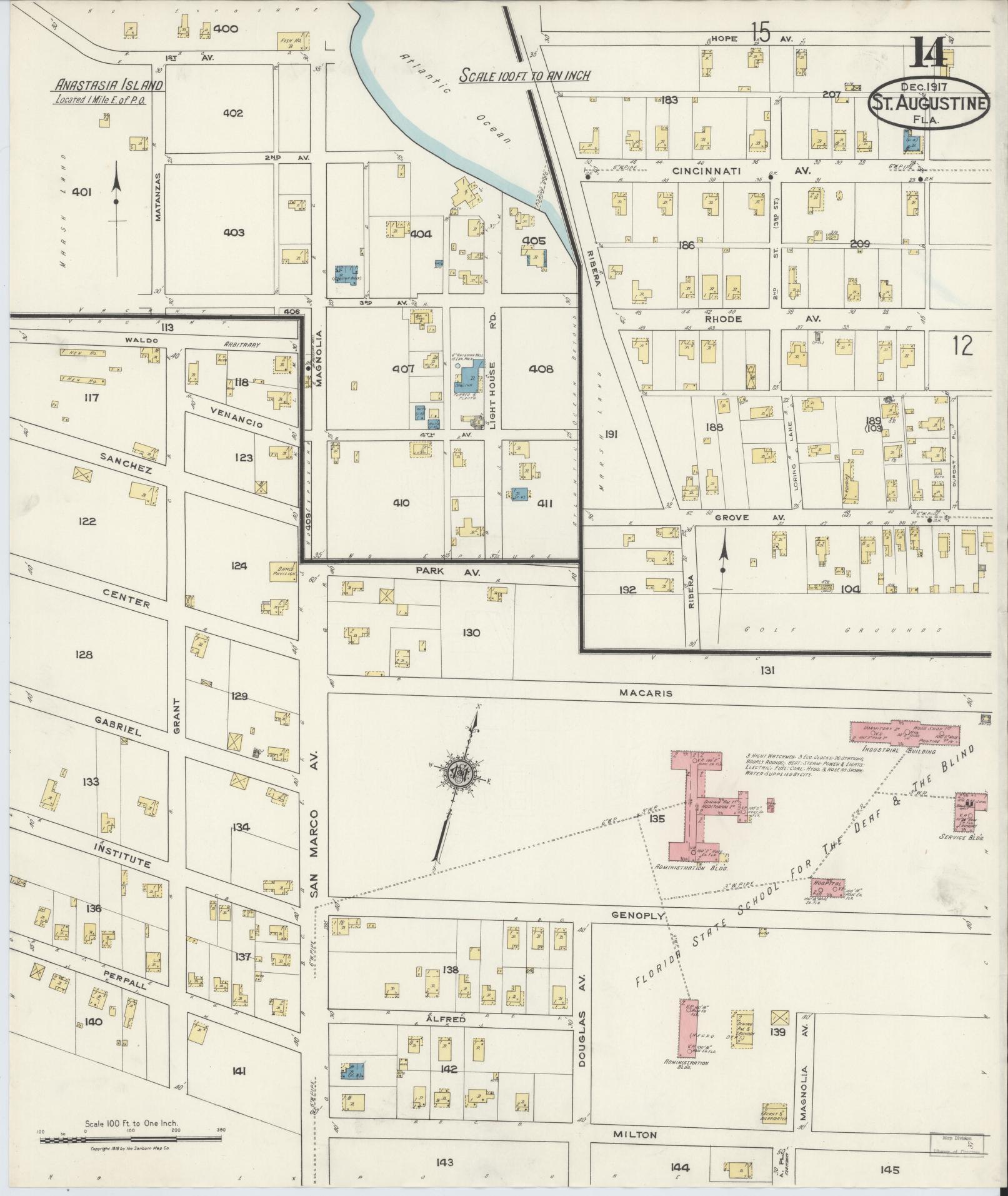 Sanborn Fire Insurance Map from Saint Augustine, Saint John's County, Florida (1917), Sheet #0014 - Historic Sanborn Fire Insurance Map Print, vintage old map wall art, antique decor, genealogy gift, Florida Florida map