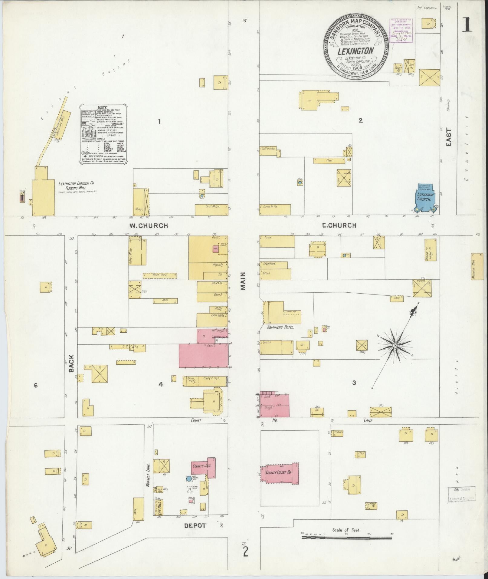 Sanborn Fire Insurance Map from Lexington, Lexington County, South Carolina (1905), Sheet #0001 - Complete Map Set gallery image, historic Sanborn map, vintage wall art, South Carolina South Carolina