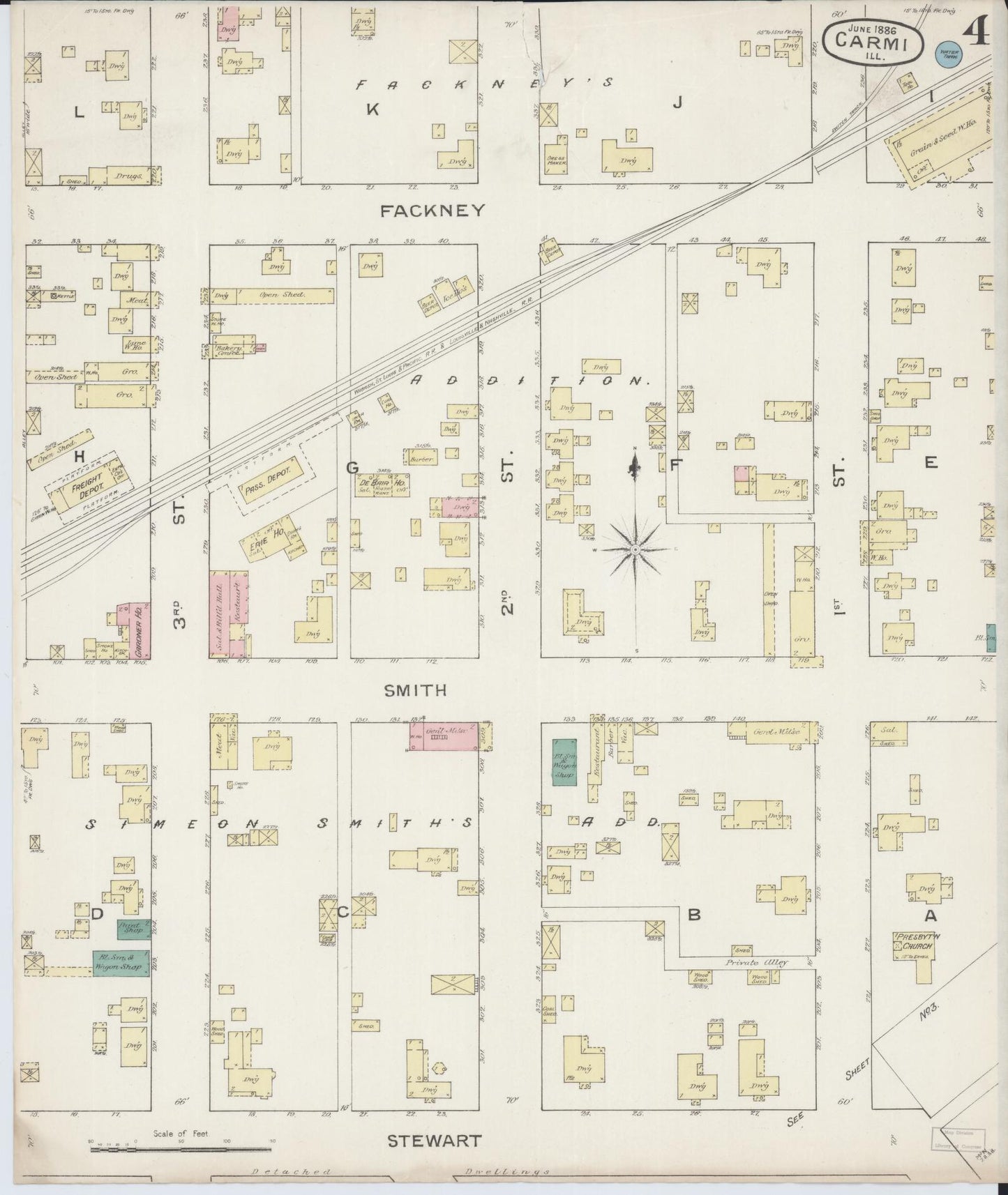Sanborn Fire Insurance Map from Carmi, White County, Illinois (1886), Sheet #0004 - Complete Map Set gallery image, historic Sanborn map, vintage wall art, Illinois Illinois