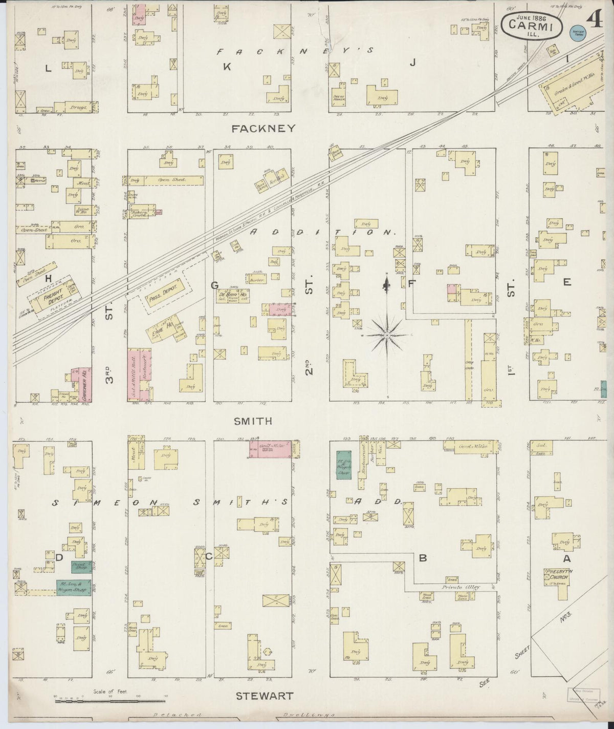 Sanborn Fire Insurance Map from Carmi, White County, Illinois (1886), Sheet #0004 - Complete Map Set gallery image, historic Sanborn map, vintage wall art, Illinois Illinois