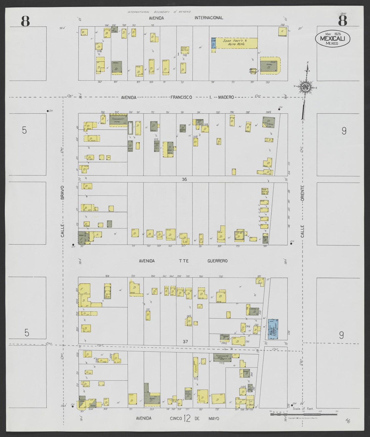 Sanborn Fire Insurance Map from Mexicali, Baja California (Mexico) (1925), Sheet #0008 - Complete Map Set gallery image, historic Sanborn map, vintage wall art, California California