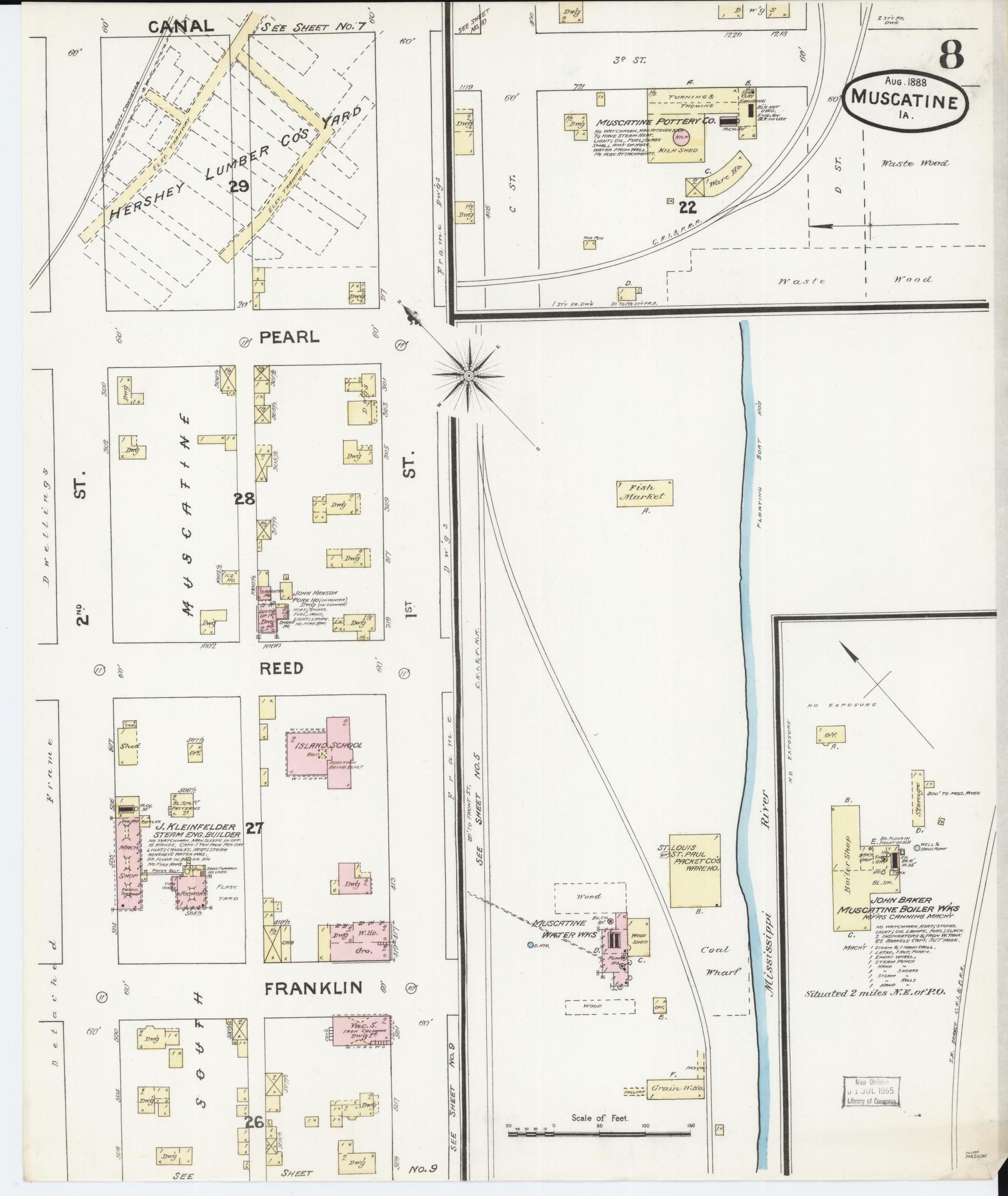 Sanborn Fire Insurance Map from Muscatine, Muscatine County, Iowa (1888), Sheet #0008 - Historic Sanborn Fire Insurance Map Print