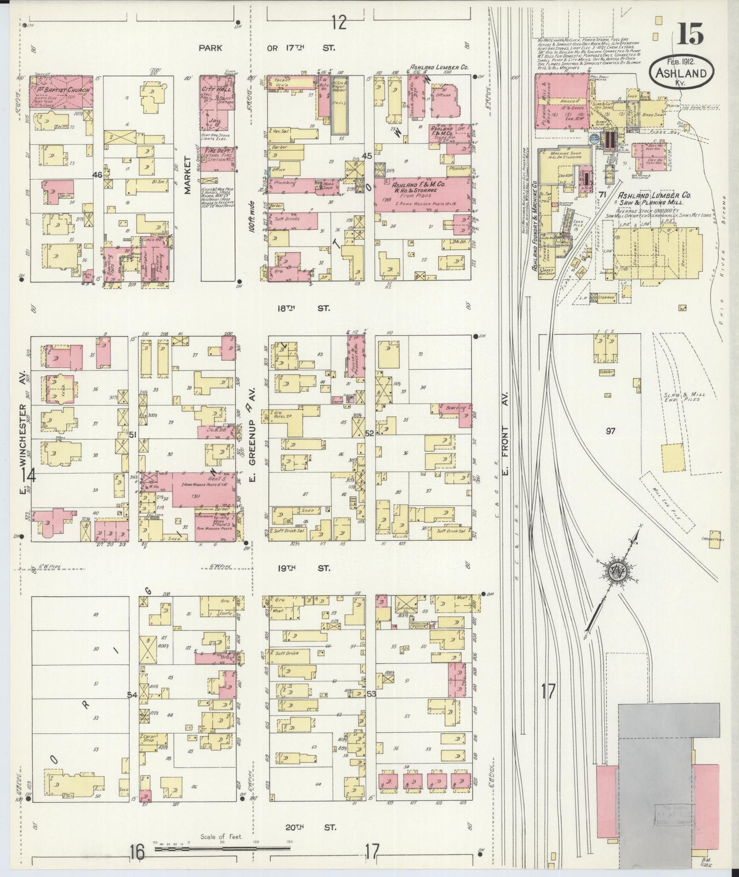 Sanborn Fire Insurance Map from Ashland, Boyd County, Kentucky (1912), Sheet #0015 - Historic Sanborn Fire Insurance Map Print, vintage old map wall art, antique decor, genealogy gift, Kentucky Kentucky map