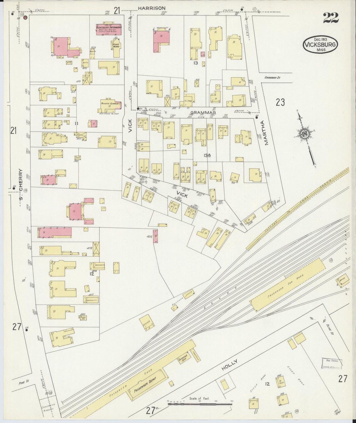 Sanborn Fire Insurance Map from Vicksburg, Warren County, Mississippi (1913), Sheet #0022 - Complete Map Set gallery image, historic Sanborn map, vintage wall art, Mississippi Mississippi