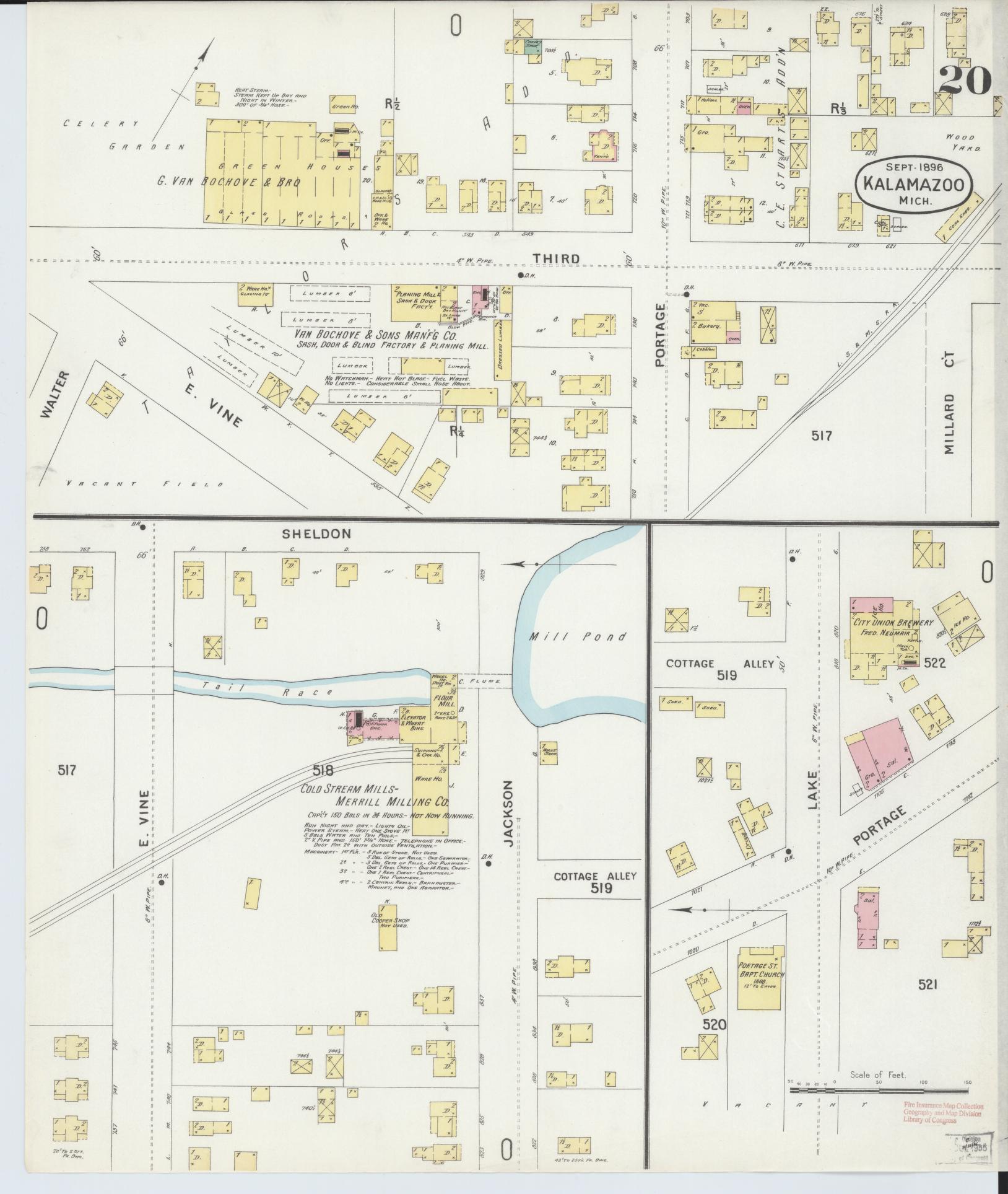 Sanborn Fire Insurance Map from Kalamazoo, Kalamazoo County, Michigan (1896), Sheet #0020 - Complete Map Set gallery image, historic Sanborn map, vintage wall art, Michigan Michigan