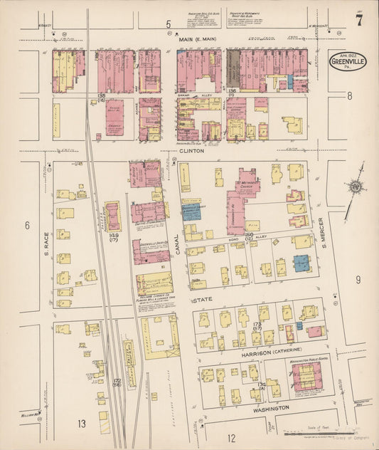 Sanborn Fire Insurance Map from Greenville, Mercer County, Pennsylvania (1922), Sheet #0007 - Historic Sanborn Fire Insurance Map Print, vintage old map wall art, antique decor, genealogy gift, Pennsylvania Pennsylvania map