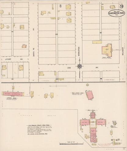 Sanborn Fire Insurance Map from Huntington Park, Los Angeles County, California (1910), Sheet #0009 - Complete Map Set gallery image, historic Sanborn map, vintage wall art, California California