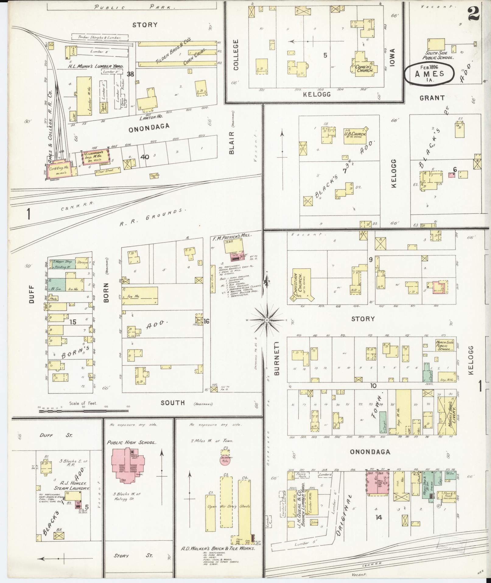 Sanborn Fire Insurance Map from Ames, Story County, Iowa (1896), Sheet #0002 - Historic Sanborn Fire Insurance Map Print, vintage old map wall art