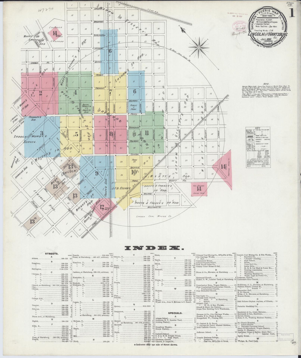Sanborn Fire Insurance Map from Lincoln, Logan County, Illinois (1896), Sheet #0001 - Historic Sanborn Fire Insurance Map Print, vintage old map wall art, antique decor, genealogy gift, Illinois Illinois map