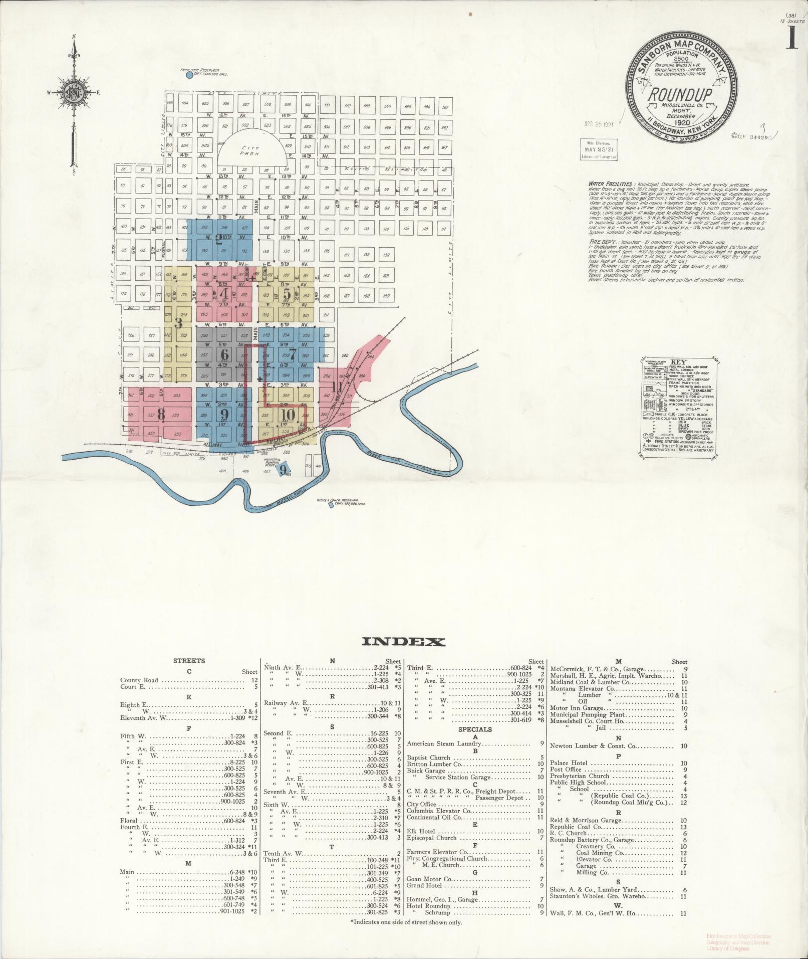 Sanborn Fire Insurance Map from Roundup, Musselshell County, Montana (1920), Sheet #0001 - Historic Sanborn Fire Insurance Map Print, vintage old map wall art, antique decor, genealogy gift, Montana Montana map