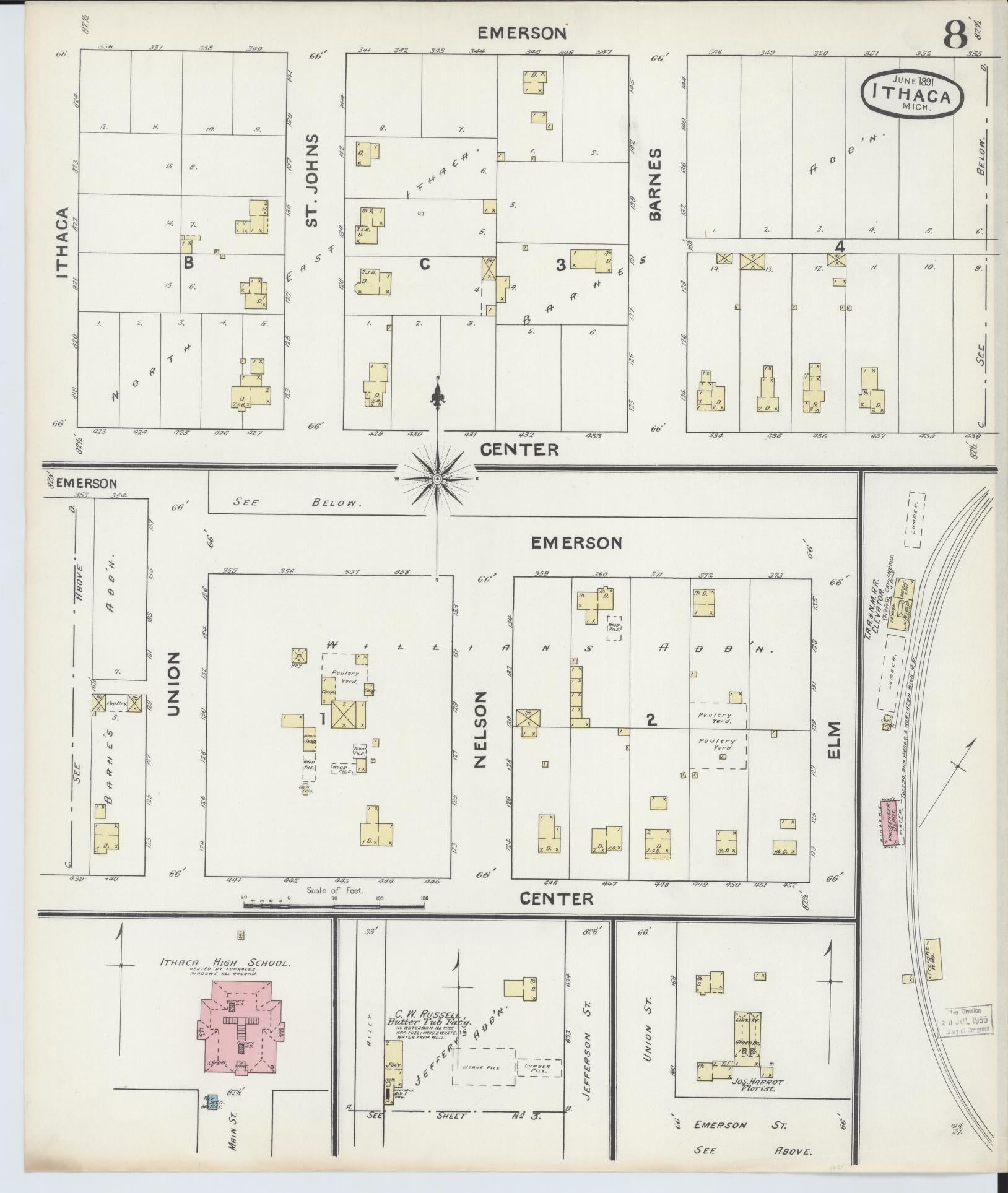 Sanborn Fire Insurance Map from Ithaca, Gratiot County, Michigan (1891), Sheet #0008 - Complete Map Set gallery image, historic Sanborn map, vintage wall art, Michigan Michigan