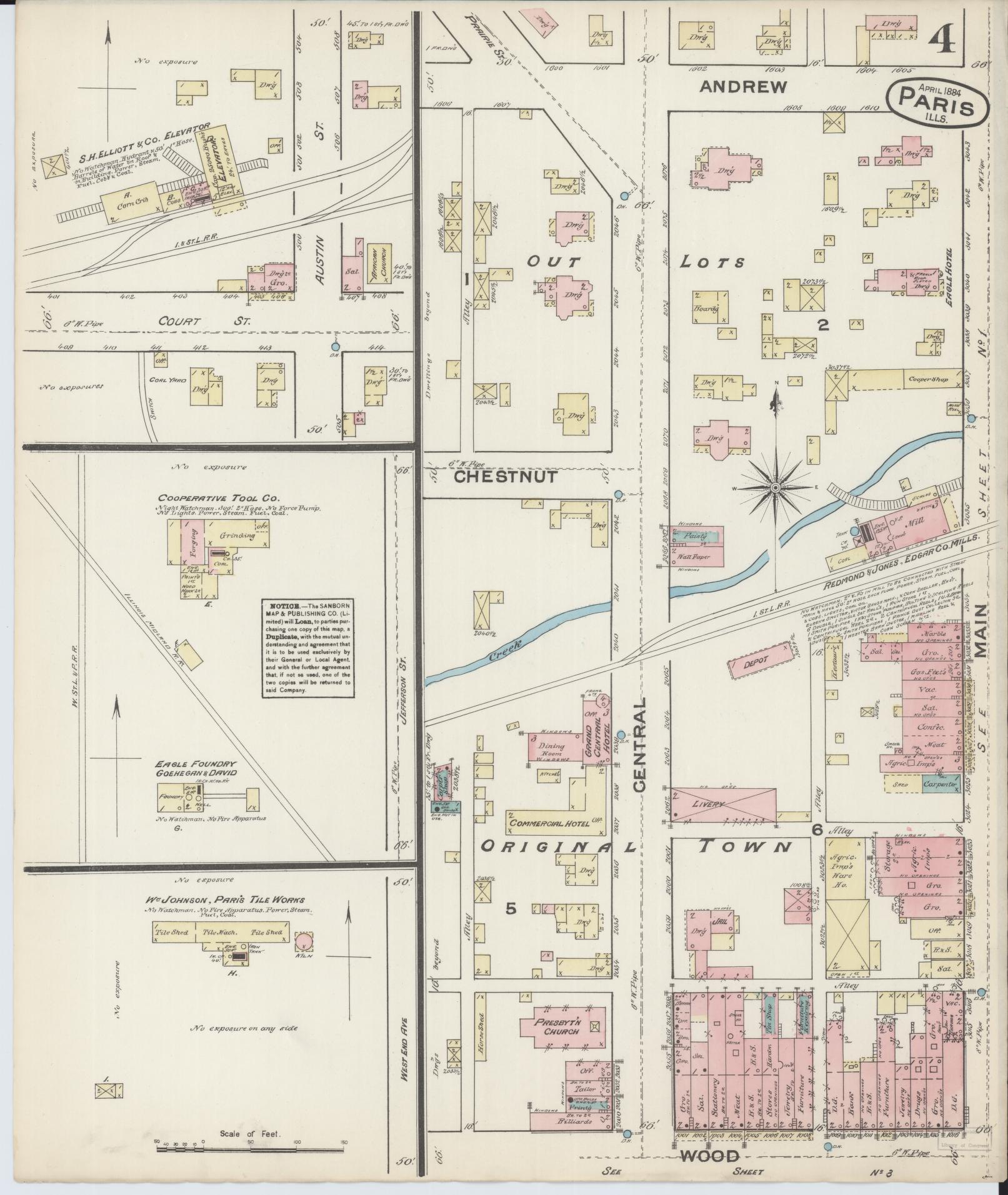 Sanborn Fire Insurance Map from Paris, Edgar County, Illinois (1884), Sheet #0004 - Historic Sanborn Fire Insurance Map Print, vintage old map wall art, antique decor, genealogy gift, Illinois Illinois map
