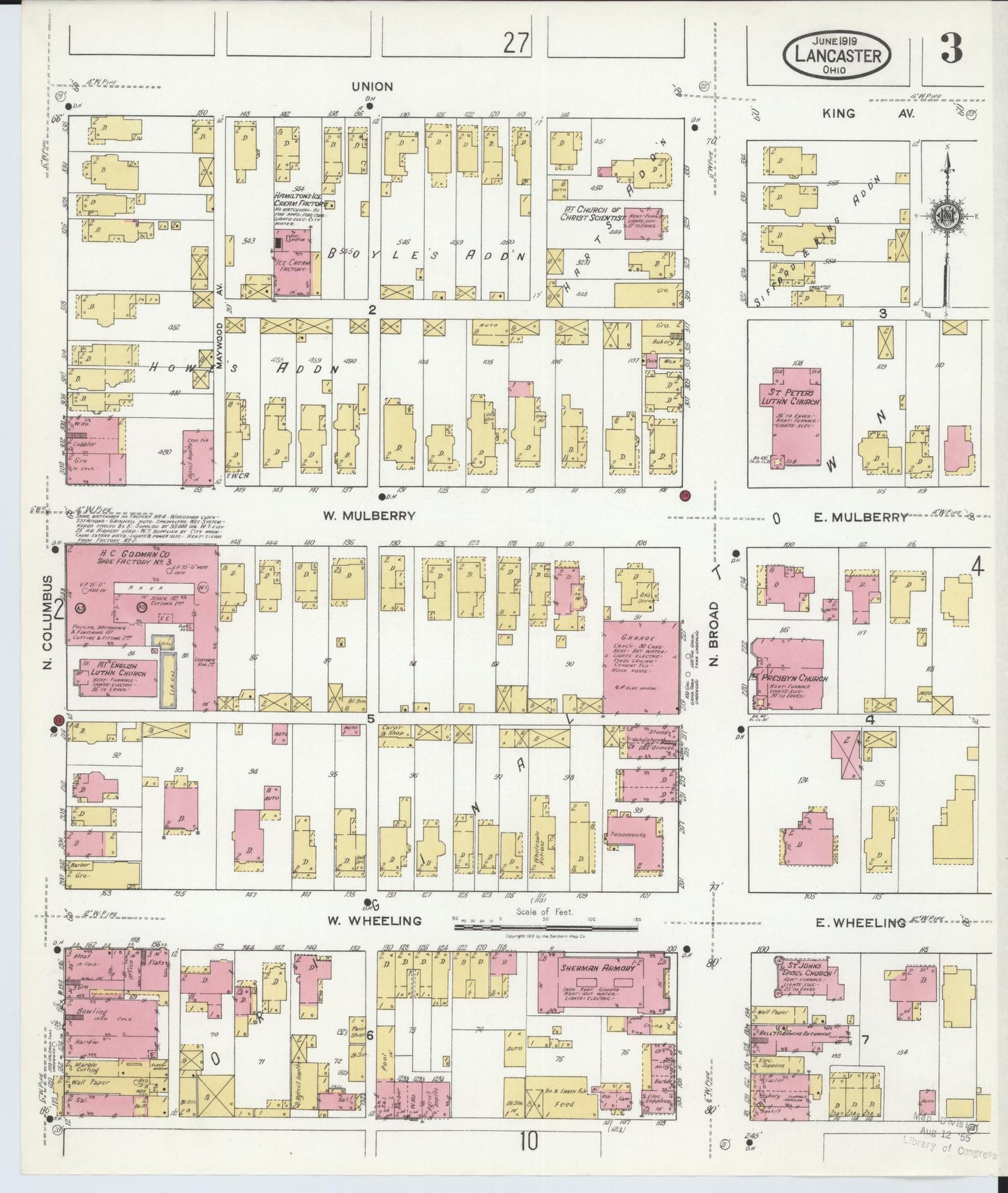 Sanborn Fire Insurance Map from Lancaster, Fairfield County, Ohio (1919), Sheet #0003 - Historic Sanborn Fire Insurance Map Print, vintage old map wall art, antique decor, genealogy gift, Ohio Ohio map