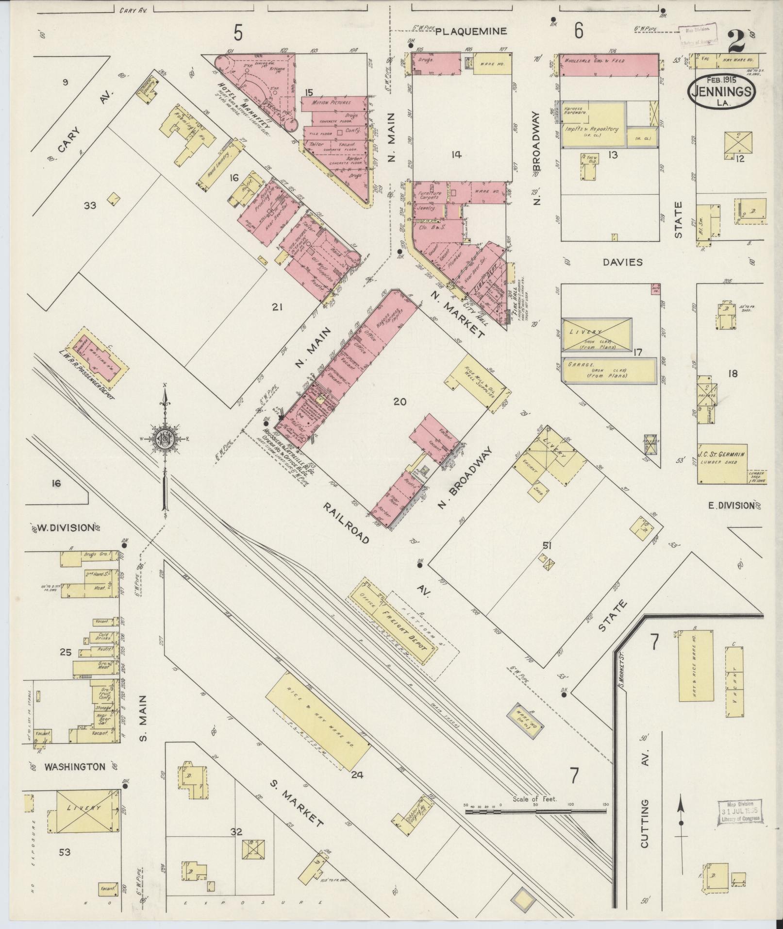 Sanborn Fire Insurance Map from Jennings, Jefferson Davis Parish, Louisiana (1915), Sheet #0002 - Complete Map Set gallery image, historic Sanborn map, vintage wall art, Louisiana Louisiana