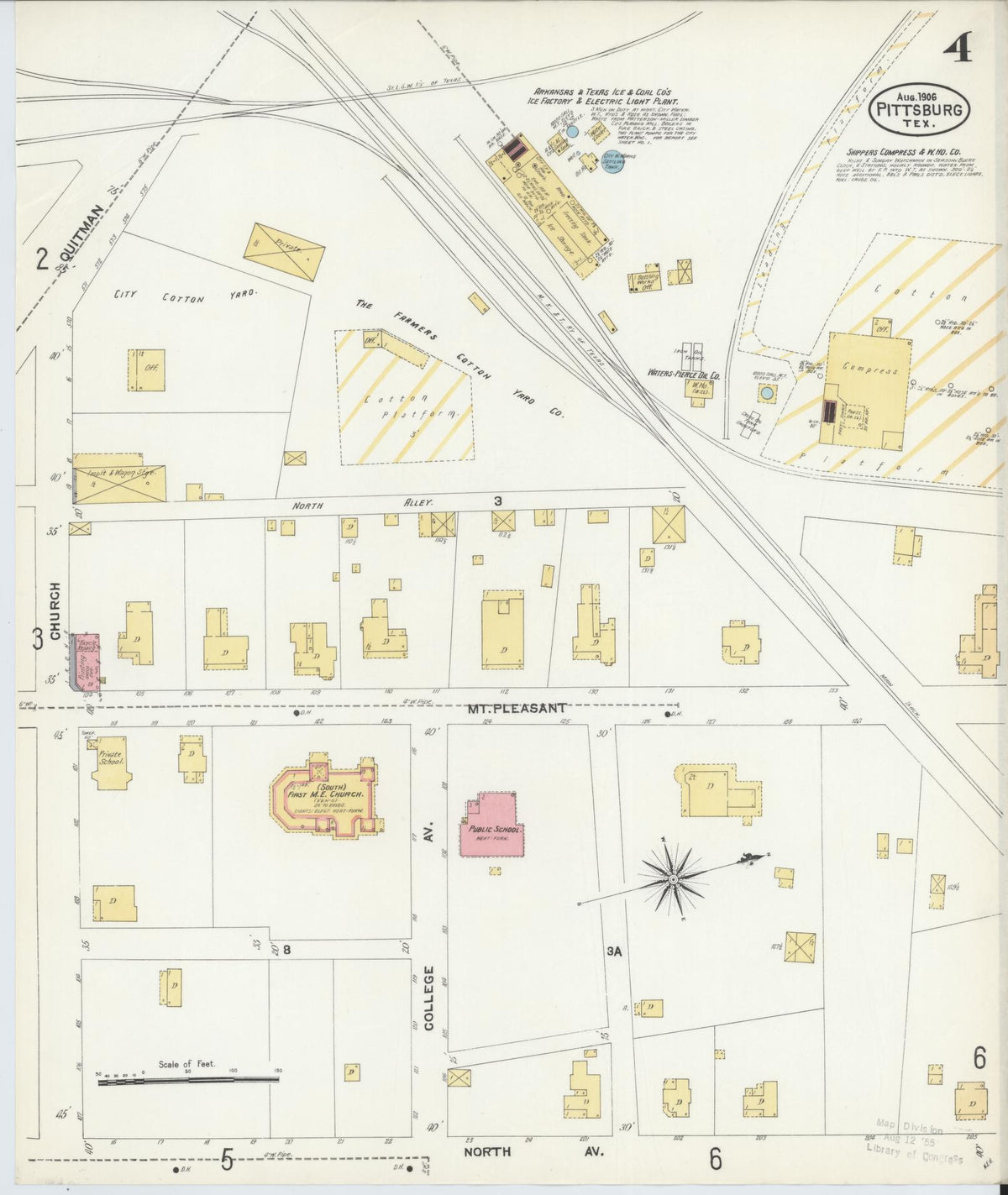 Sanborn Fire Insurance Map from Pittsburg, Camp County, Texas (1906), Sheet #0004 - Complete Map Set gallery image, historic Sanborn map, vintage wall art, Texas Texas
