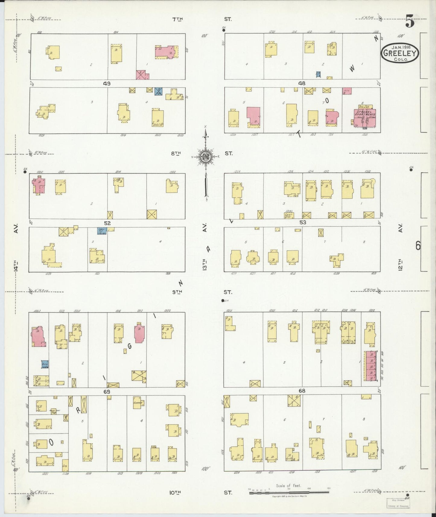 Sanborn Fire Insurance Map from Greeley, Weld County, Colorado (1918), Sheet #0005 - Complete Map Set gallery image, historic Sanborn map, vintage wall art, Colorado Colorado