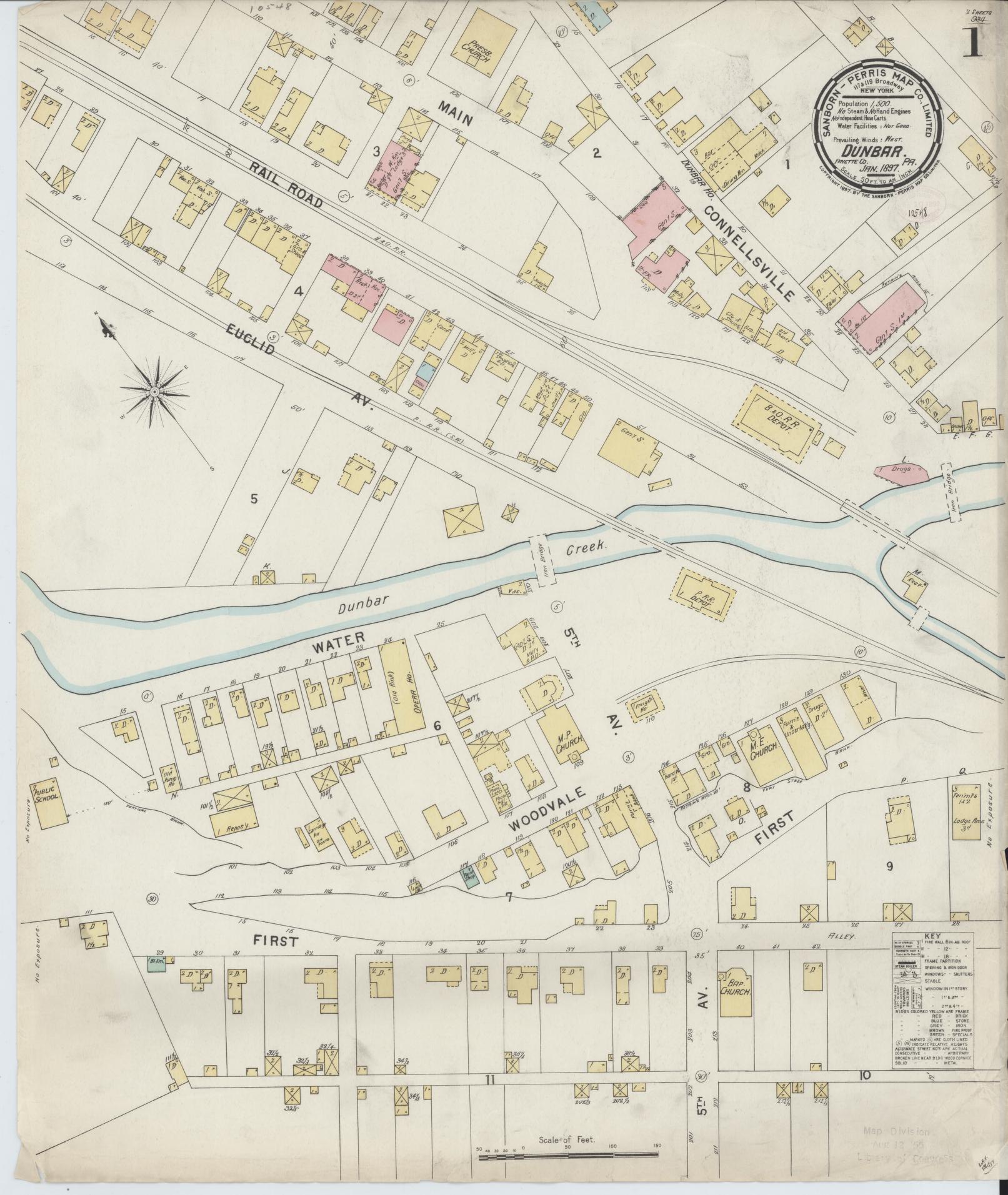 Sanborn Fire Insurance Map from Dunbar, Fayette County, Pennsylvania (1897), Sheet #0001 - Historic Sanborn Fire Insurance Map Print, vintage old map wall art, antique decor, genealogy gift, Pennsylvania Pennsylvania map