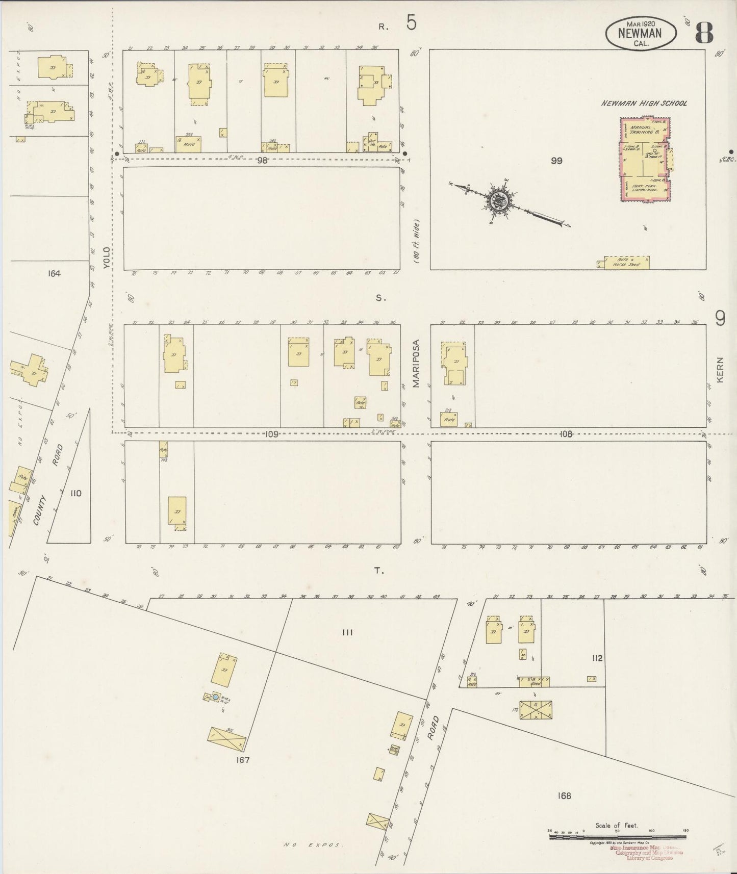 Sanborn Fire Insurance Map from Newman, Stanislaus County, California (1920), Sheet #0008 - Complete Map Set gallery image, historic Sanborn map, vintage wall art, California California