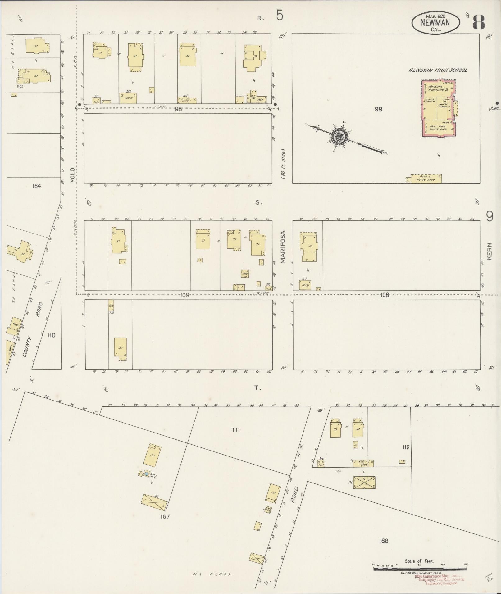 Sanborn Fire Insurance Map from Newman, Stanislaus County, California (1920), Sheet #0008 - Complete Map Set gallery image, historic Sanborn map, vintage wall art, California California
