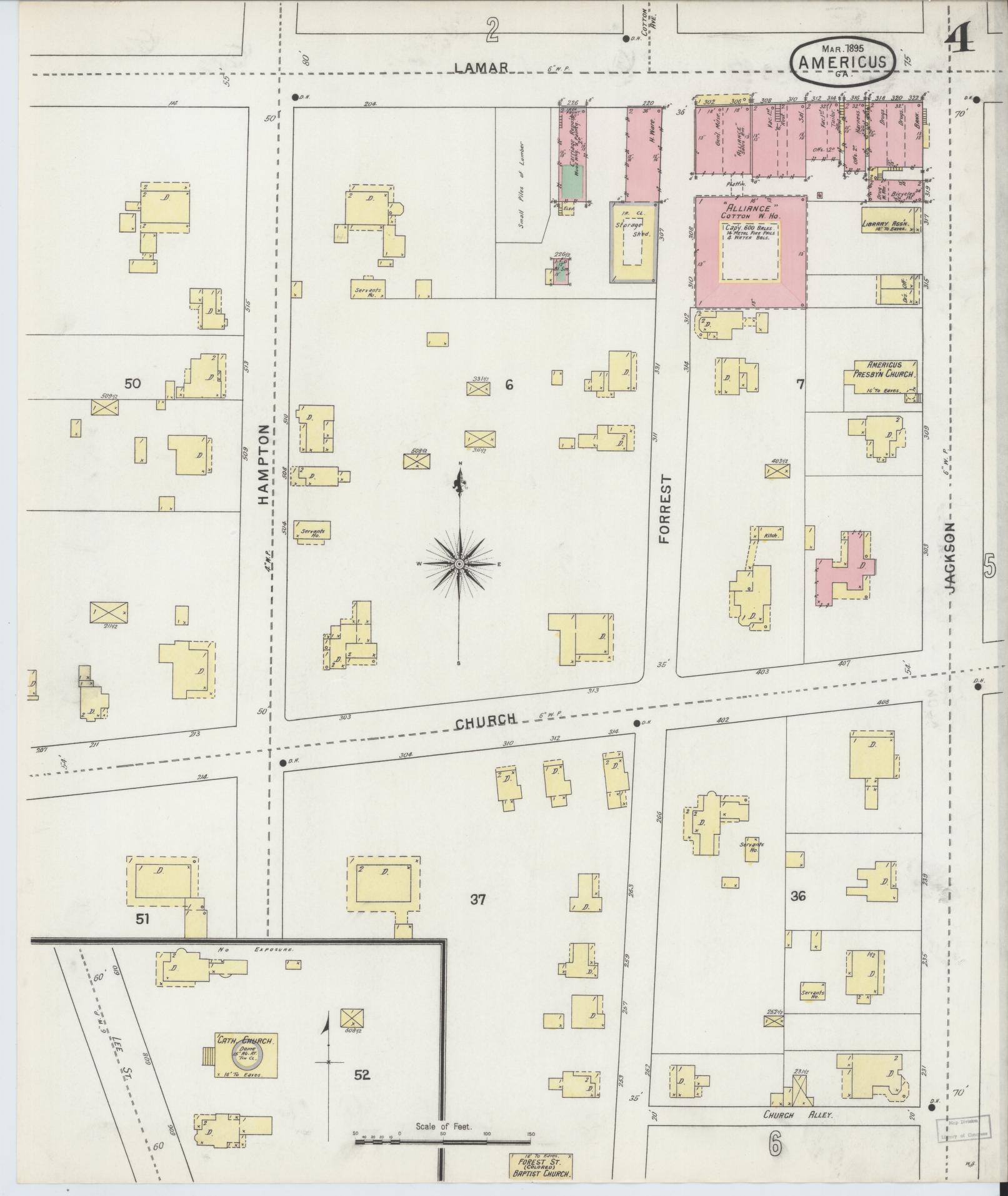 Sanborn Fire Insurance Map from Americus, Sumter County, Georgia (1895), Sheet #0004 - Historic Sanborn Fire Insurance Map Print, vintage old map wall art, antique decor, genealogy gift, Georgia Georgia map