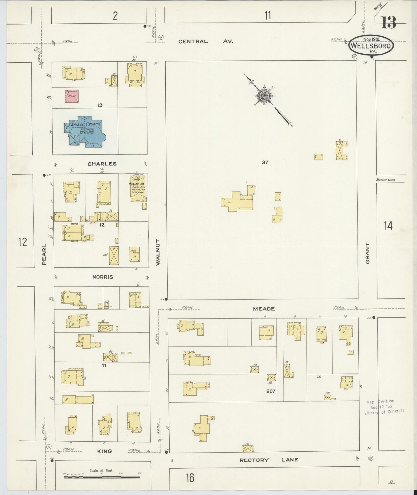 Sanborn Fire Insurance Map from Wellsboro, Tioga County, Pennsylvania (1910), Sheet #0013 - Complete Map Set gallery image, historic Sanborn map, vintage wall art, Pennsylvania Pennsylvania