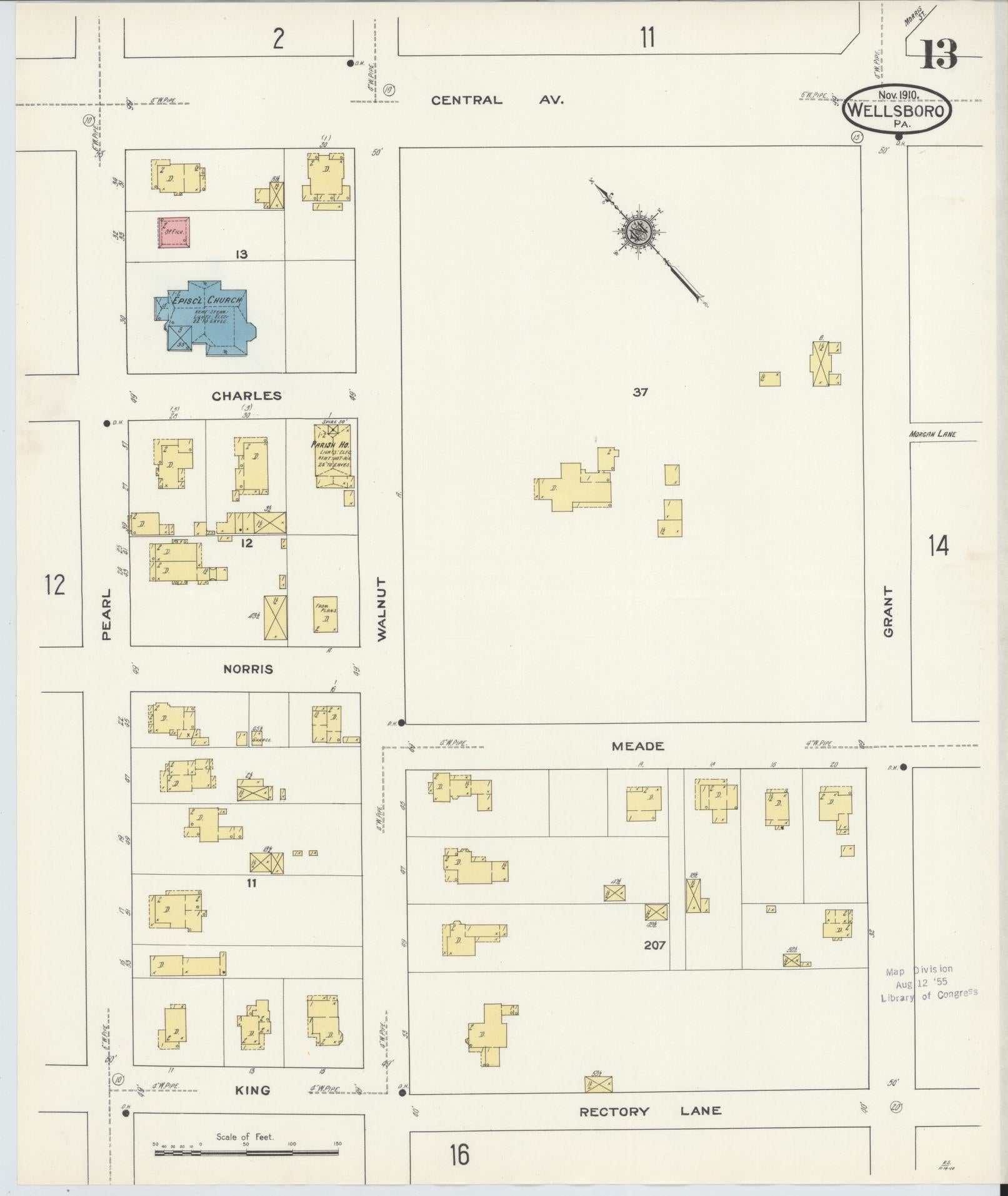 Sanborn Fire Insurance Map from Wellsboro, Tioga County, Pennsylvania (1910), Sheet #0013 - Complete Map Set gallery image, historic Sanborn map, vintage wall art, Pennsylvania Pennsylvania