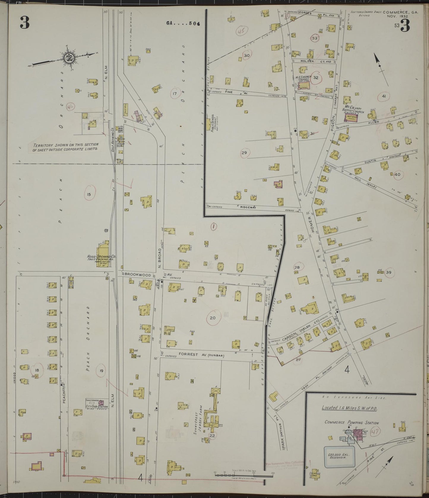 Sanborn Fire Insurance Map from Commerce, Jackson County, Georgia (1943), Sheet #0003 - Historic Sanborn Fire Insurance Map Print, vintage old map wall art, antique decor, genealogy gift, Georgia Georgia map