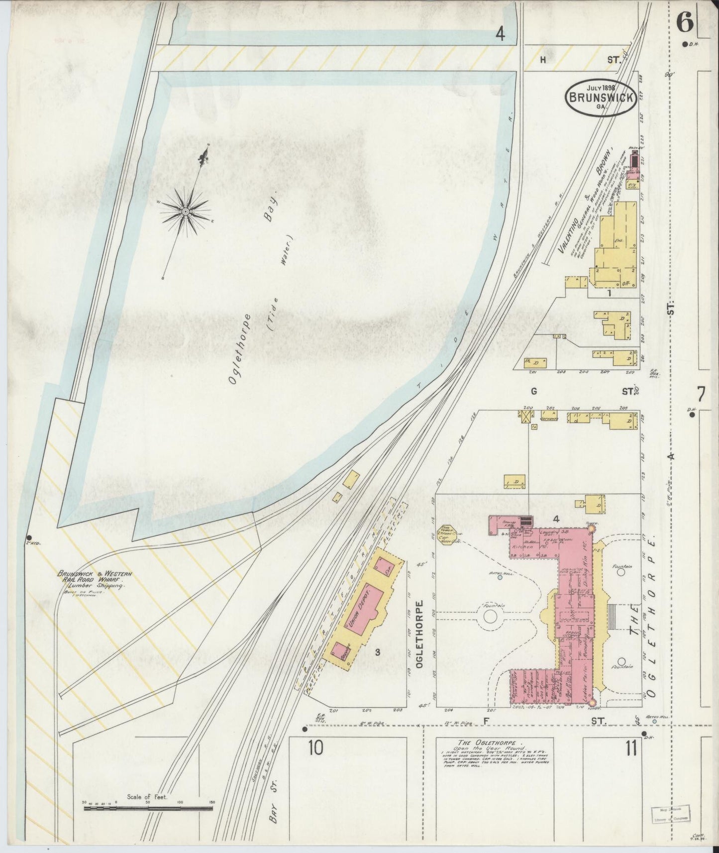 Sanborn Fire Insurance Map from Brunswick, Glynn County, Georgia (1898), Sheet #0006 - Historic Sanborn Fire Insurance Map Print, vintage old map wall art, antique decor, genealogy gift, Georgia Georgia map