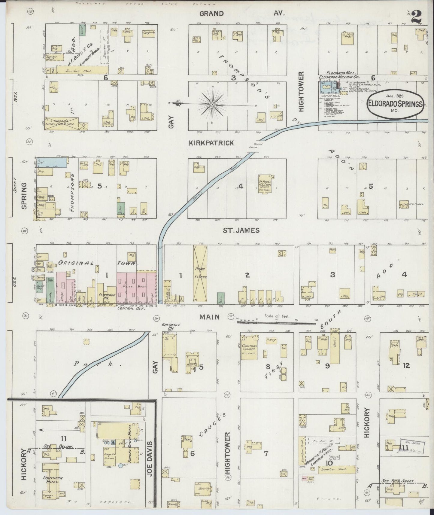 Sanborn Fire Insurance Map from Eldorado Springs, Cedar County, Missouri (1889), Sheet #0002 - Historic Sanborn Fire Insurance Map Print, vintage old map wall art, antique decor, genealogy gift, Missouri Missouri map