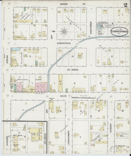 Sanborn Fire Insurance Map from Eldorado Springs, Cedar County, Missouri (1889), Sheet #0002 - Historic Sanborn Fire Insurance Map Print, vintage old map wall art, antique decor, genealogy gift, Missouri Missouri map