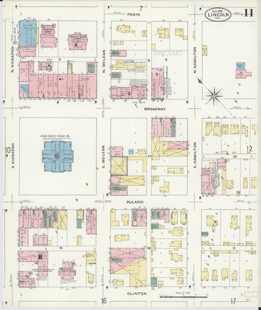 Sanborn Fire Insurance Map from Lincoln, Logan County, Illinois (1909), Sheet #0011 - Historic Sanborn Fire Insurance Map Print, vintage old map wall art, antique decor, genealogy gift, Illinois Illinois map