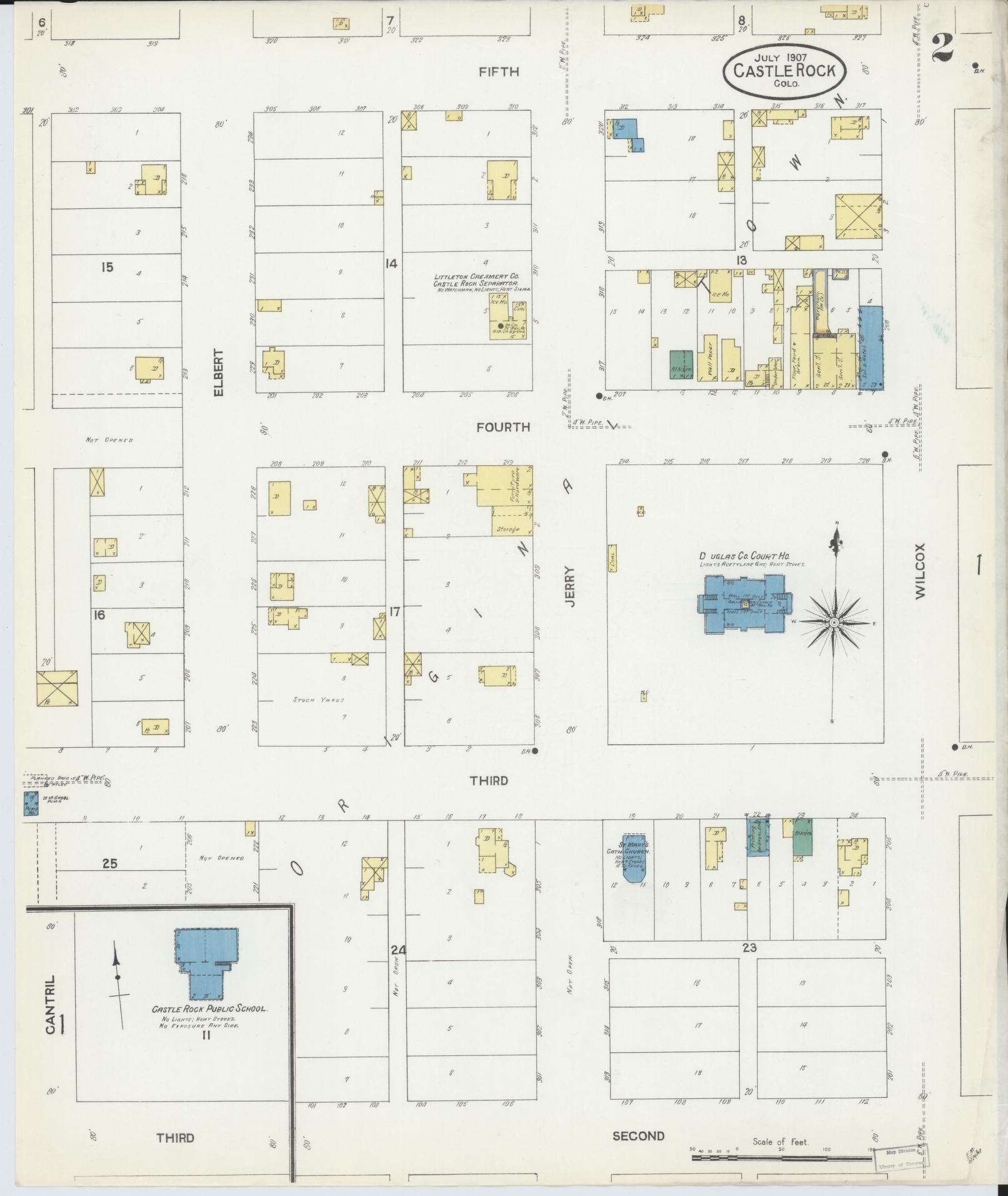 Sanborn Fire Insurance Map from Castle Rock, Douglas County, Colorado (1907), Sheet #0002 - Historic Sanborn Fire Insurance Map Print, vintage old map wall art, antique decor, genealogy gift, Colorado Colorado map