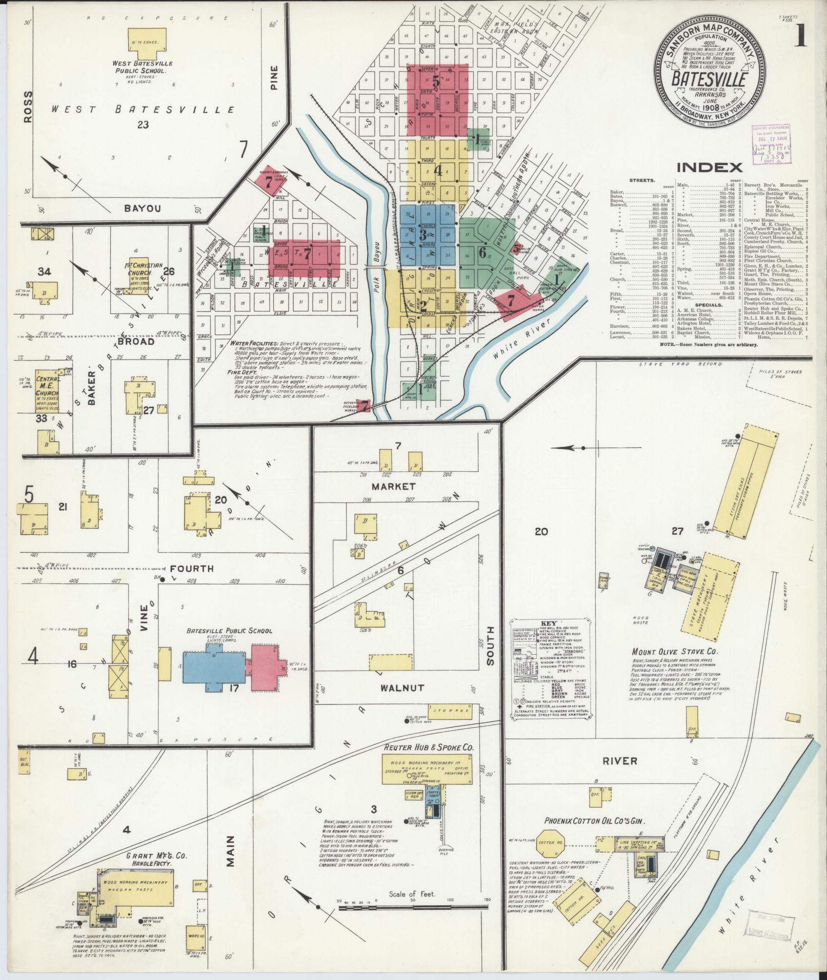 Sanborn Fire Insurance Map from Batesville, Independence County, Arkansas (1908), Sheet #0001 - Historic Sanborn Fire Insurance Map Print, vintage old map wall art, antique decor, genealogy gift, Arkansas Arkansas map