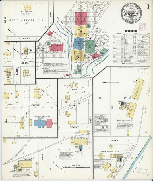 Sanborn Fire Insurance Map from Batesville, Independence County, Arkansas (1908), Sheet #0001 - Historic Sanborn Fire Insurance Map Print, vintage old map wall art, antique decor, genealogy gift, Arkansas Arkansas map