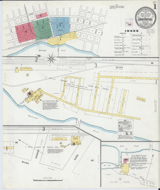 Sanborn Fire Insurance Map from Sauk Rapids, Benton County, Minnesota (1904), Sheet #0001 - Historic Sanborn Fire Insurance Map Print, vintage old map wall art, antique decor, genealogy gift, Minnesota Minnesota map