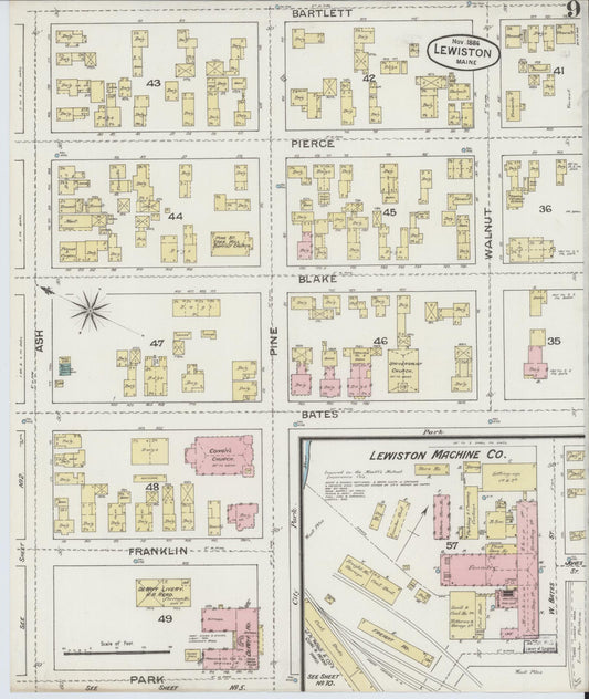 Sanborn Fire Insurance Map from Lewiston, Androscoggin County, Maine (1886), Sheet #0009 - Historic Sanborn Fire Insurance Map Print, vintage old map wall art, antique decor, genealogy gift, Maine Maine map