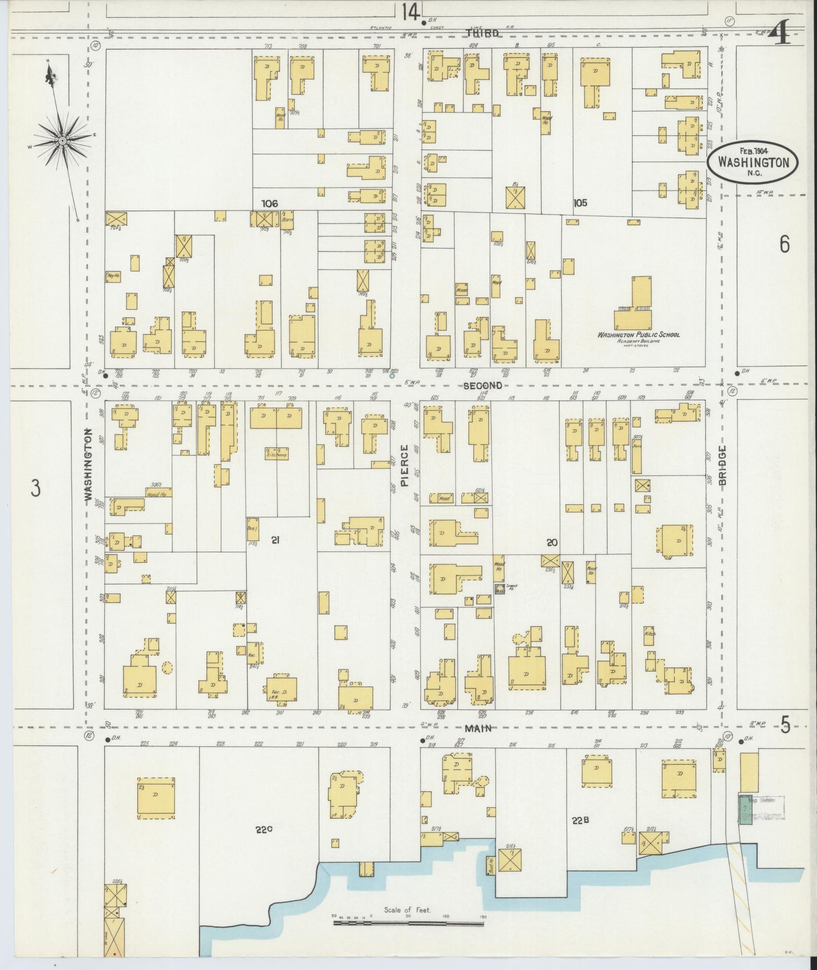Sanborn Fire Insurance Map from Washington, Beaufort County, North Carolina (1904), Sheet #0004 - Historic Sanborn Fire Insurance Map Print, vintage old map wall art, antique decor, genealogy gift, Washington Washington map
