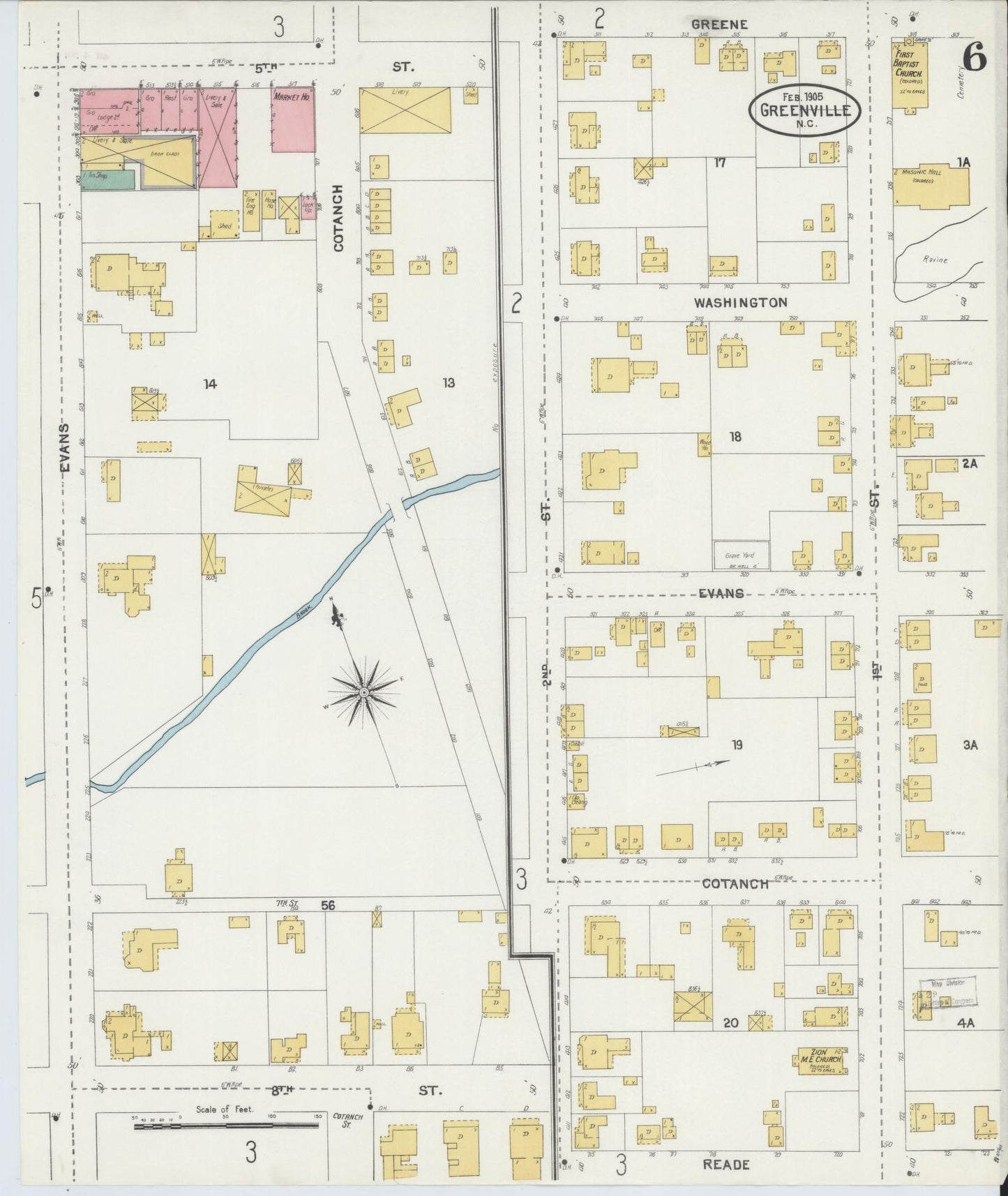 Sanborn Fire Insurance Map from Greenville, Pitt County, North Carolina (1905), Sheet #0006 - Complete Map Set gallery image, historic Sanborn map, vintage wall art, North Carolina North Carolina