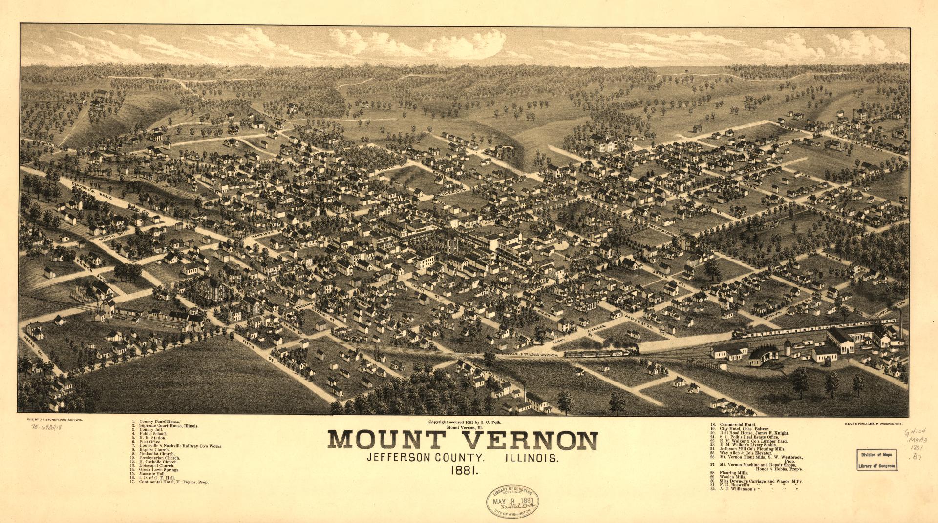 Mount Vernon, Jefferson County, Illinois 1881. (1881) – Historic Bird’s-Eye View Panorama Print