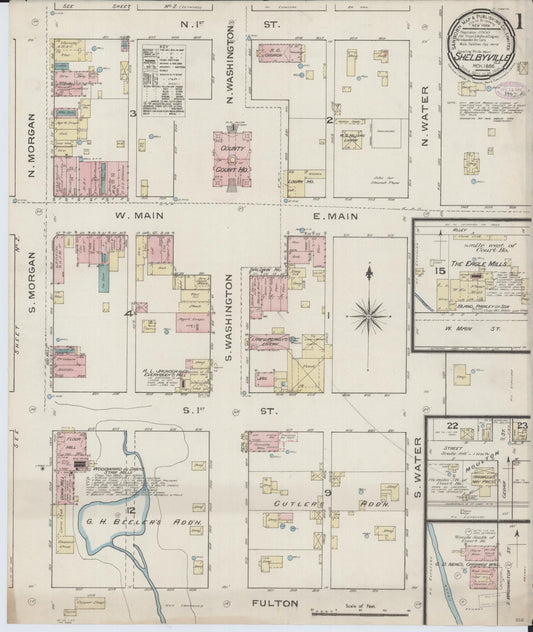 Sanborn Fire Insurance Map from Shelbyville, Shelby County, Illinois (1886), Sheet #0001 - Historic Sanborn Fire Insurance Map Print, vintage old map wall art, antique decor, genealogy gift, Illinois Illinois map