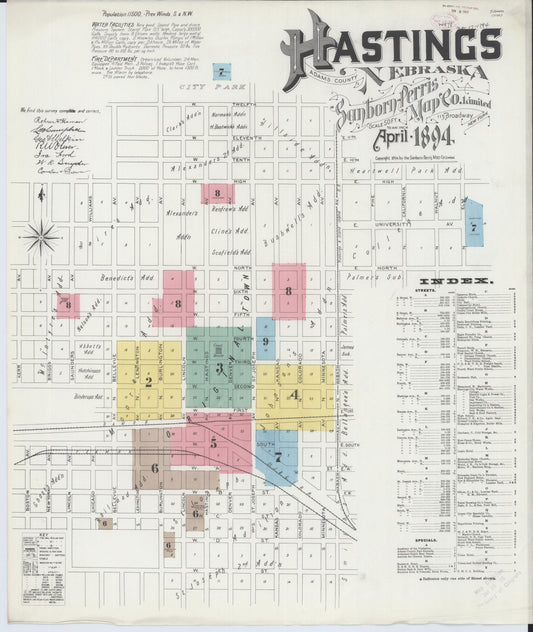 Sanborn Fire Insurance Map from Hastings, Adams County, Nebraska (1894), Sheet #0001 - Historic Sanborn Fire Insurance Map Print, vintage old map wall art, antique decor, genealogy gift, Nebraska Nebraska map