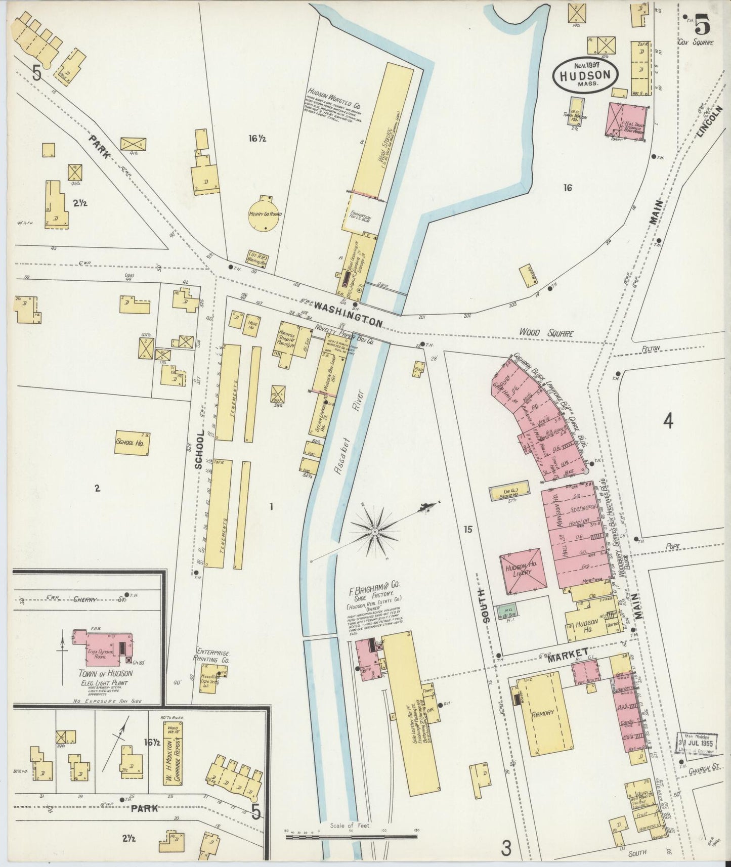 Sanborn Fire Insurance Map from Hudson, Middlesex County, Massachusetts (1897), Sheet #0005 - Historic Sanborn Fire Insurance Map Print, vintage old map wall art, antique decor, genealogy gift, Massachusetts Massachusetts map