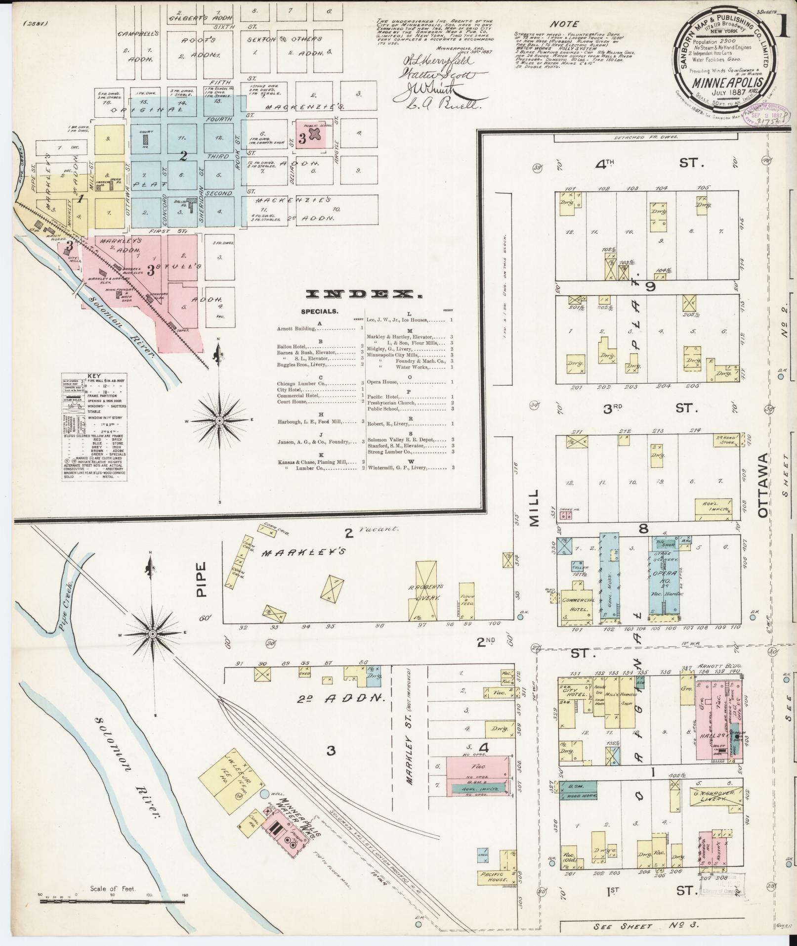 Sanborn Fire Insurance Map from Minneapolis, Ottawa  County, Kansas (1887), Sheet #0001 - Complete Map Set gallery image, historic Sanborn map, vintage wall art, Kansas Kansas
