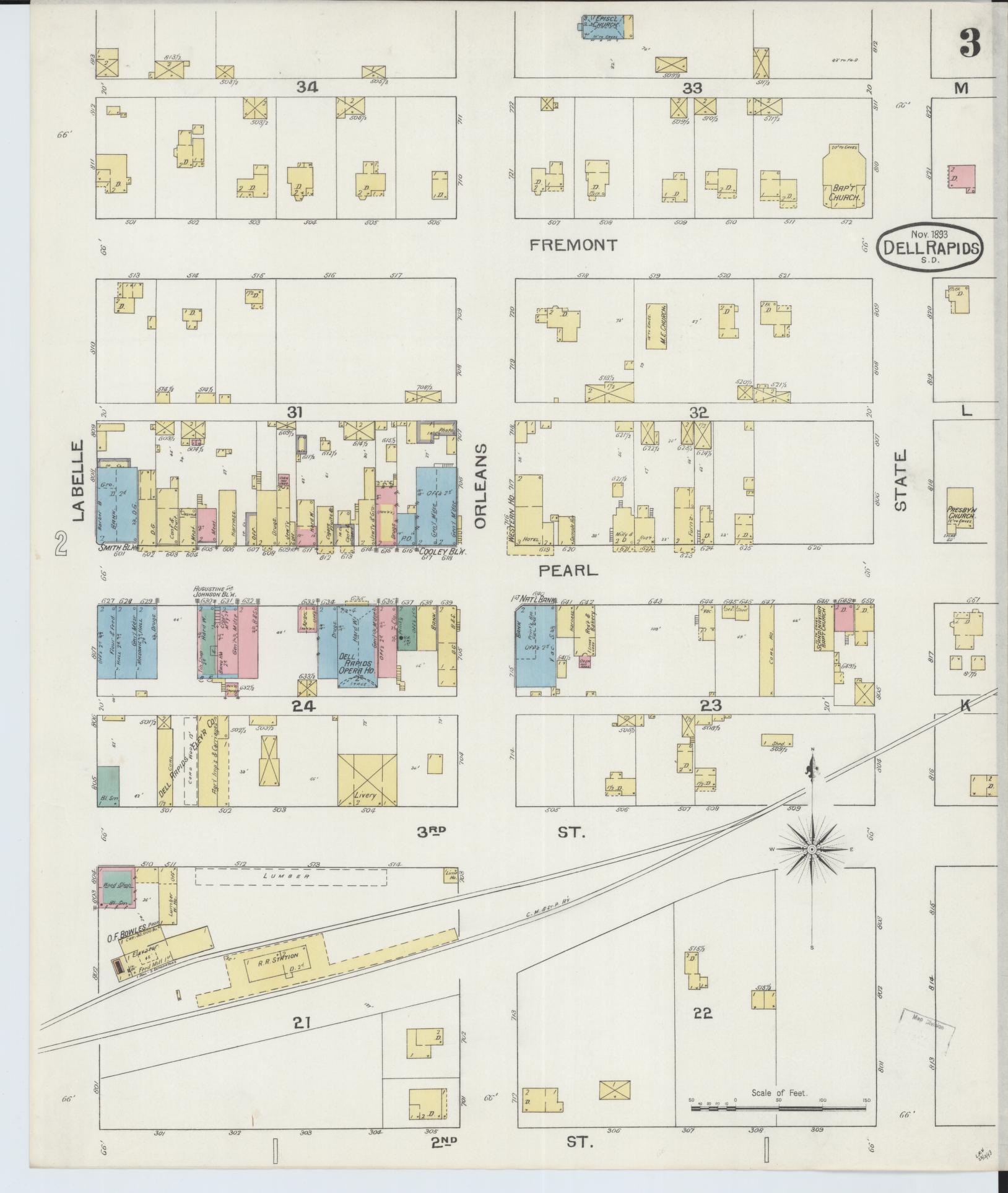 Sanborn Fire Insurance Map from Dell Rapids, Minnehaha County, South Dakota (1893), Sheet #0003 - Complete Map Set gallery image, historic Sanborn map, vintage wall art, South Dakota South Dakota