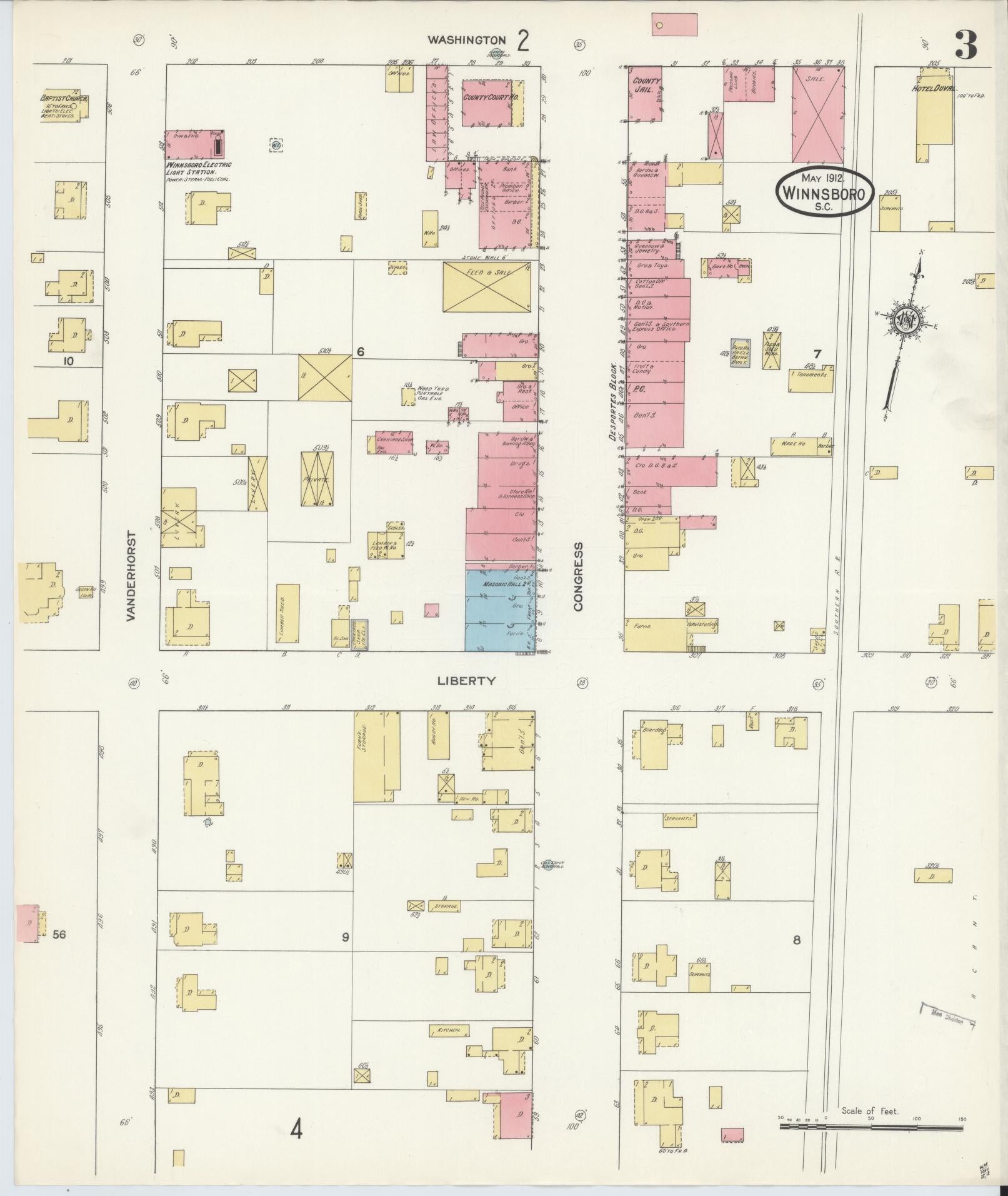 Sanborn Fire Insurance Map from Winnsboro, Fairfield County, South Carolina (1912), Sheet #0003 - Historic Sanborn Fire Insurance Map Print, vintage old map wall art, antique decor, genealogy gift, South Carolina South Carolina map