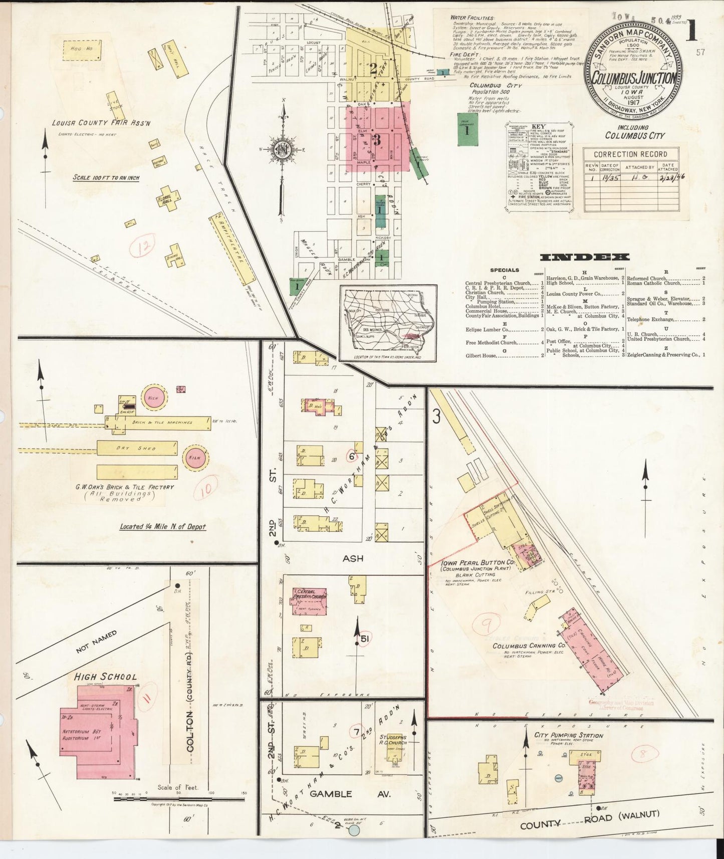 Sanborn Fire Insurance Map from Columbus Junction, Louisa County, Iowa (1935), Sheet #0001 - Historic Sanborn Fire Insurance Map Print, vintage old map wall art