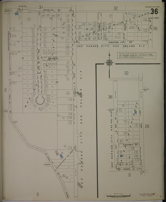 Sanborn Fire Insurance Map from Kansas City, Wyandotte County, Kansas (1957), Sheet #0036 - Historic Sanborn Fire Insurance Map Print, vintage old map wall art, antique decor, genealogy gift, Kansas Kansas map