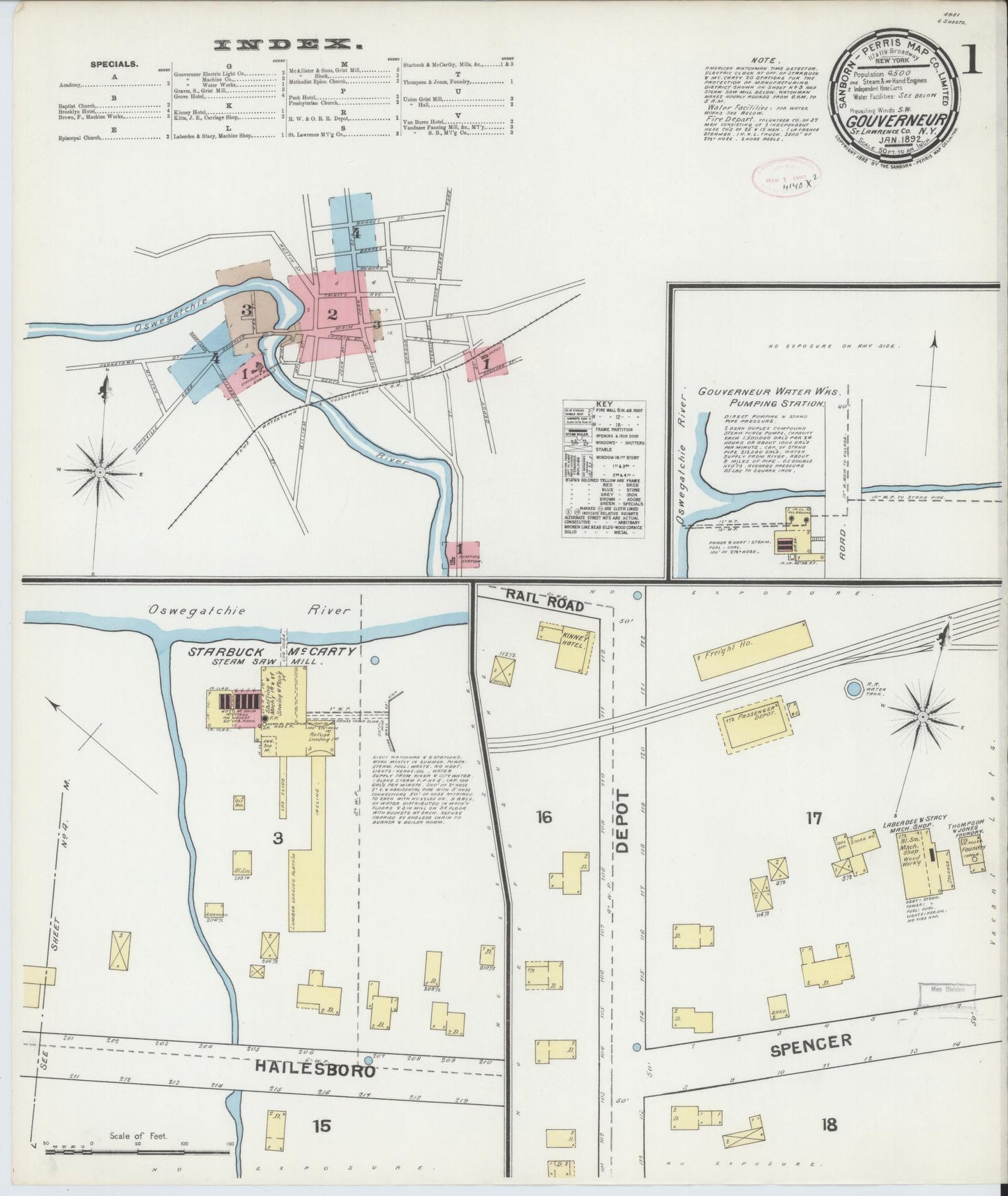 Sanborn Fire Insurance Map from Gouverneur, Saint Lawrence County, New York. (1892) – Historic Sanborn Fire Insurance Map Print