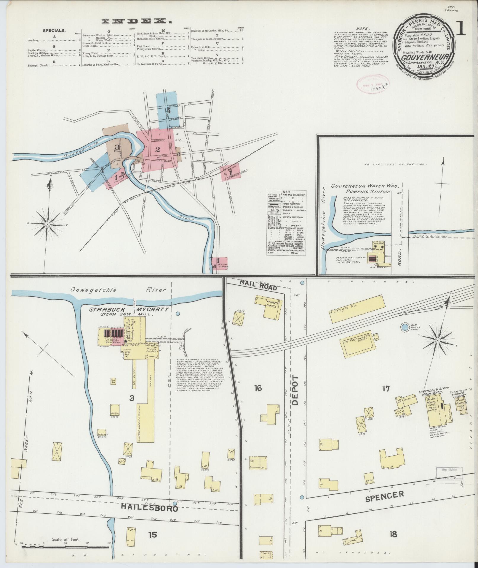 Sanborn Fire Insurance Map from Gouverneur, Saint Lawrence County, New York. (1892) – Historic Sanborn Fire Insurance Map Print