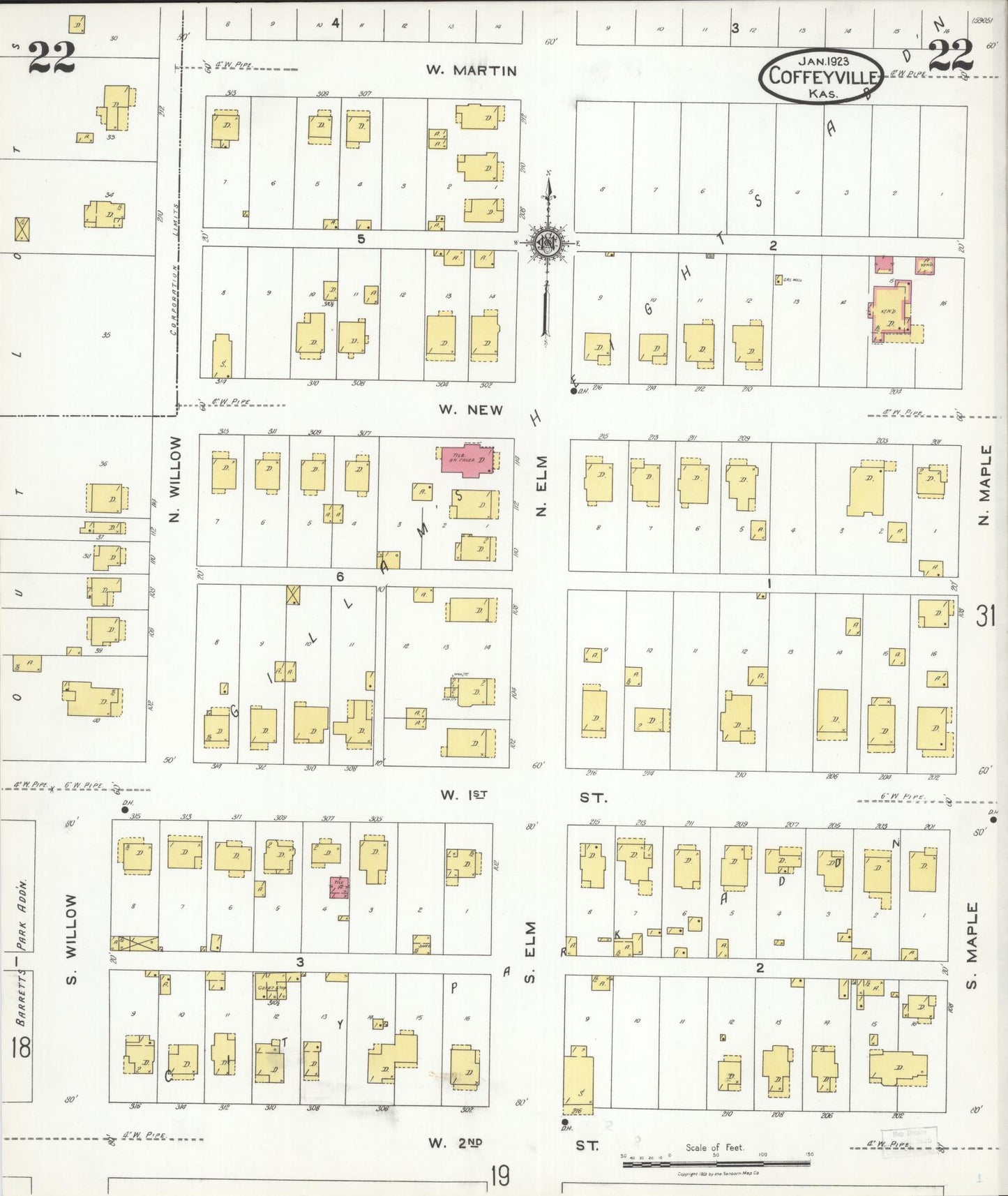 Sanborn Fire Insurance Map from Coffeyville, Montgomery County, Kansas (1923), Sheet #0022 - Historic Sanborn Fire Insurance Map Print, vintage old map wall art, antique decor, genealogy gift, Kansas Kansas map